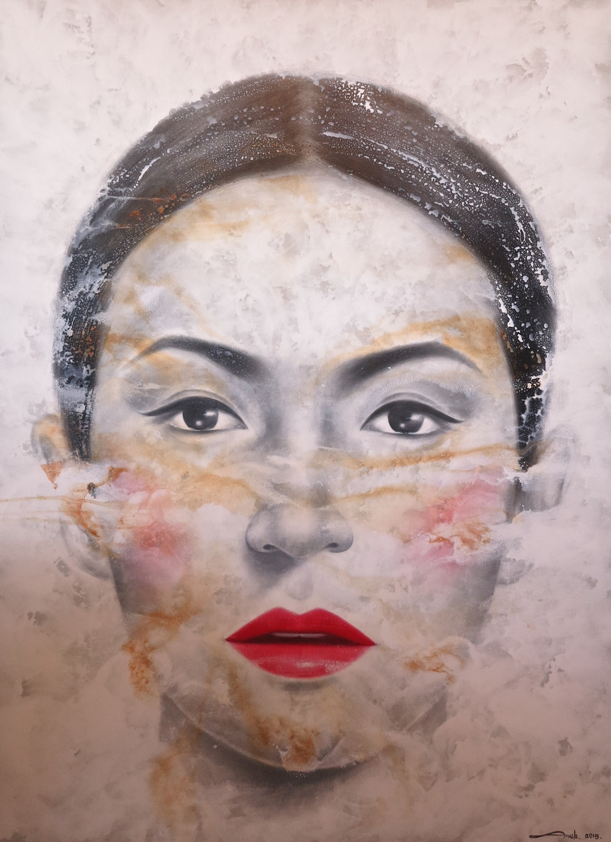 A painting of a woman's face with red lipstick.