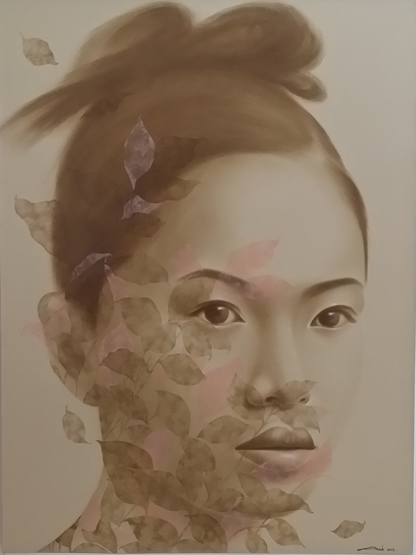 A painting of a woman with leaves on her face.