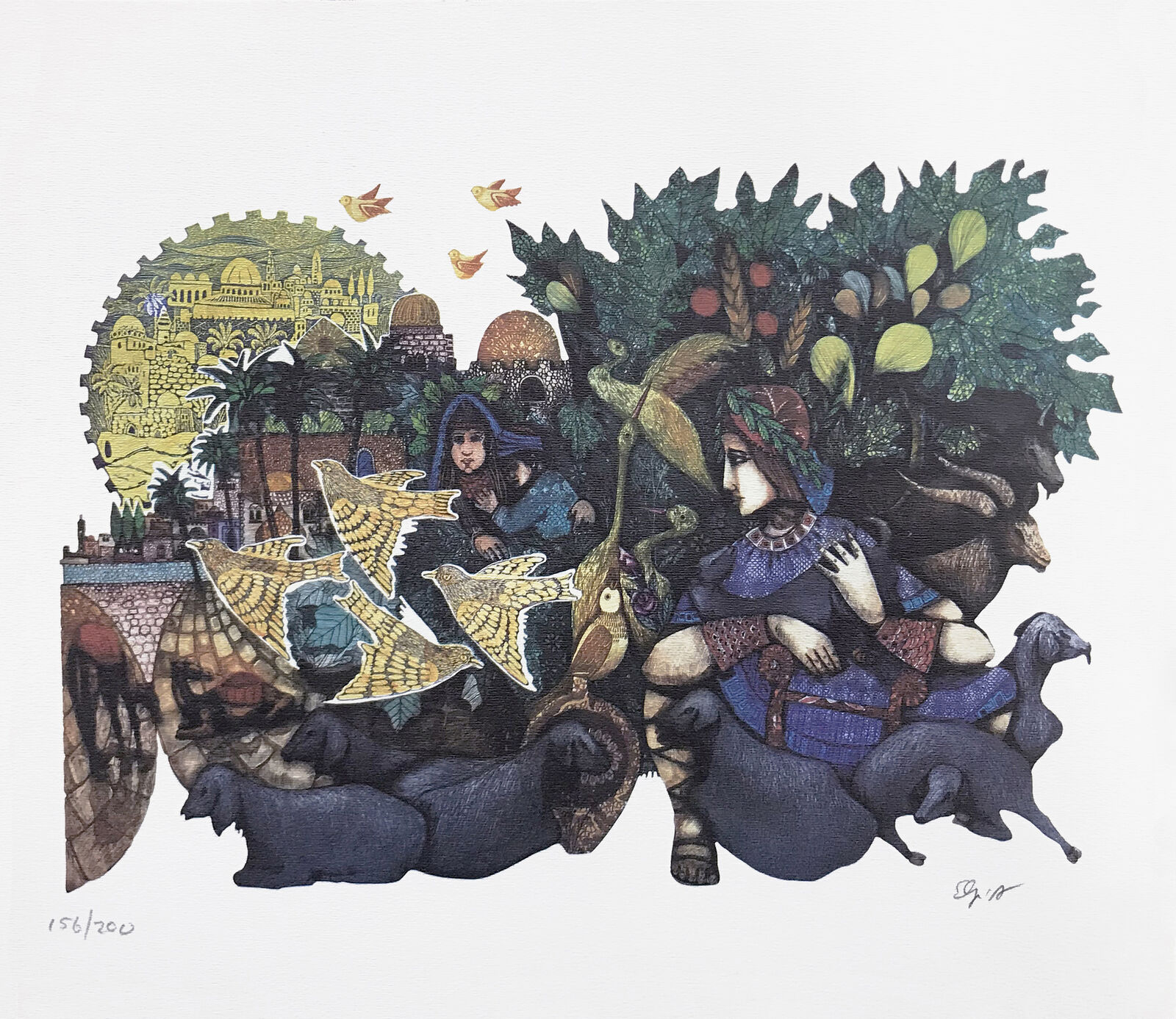 A painting of a woman sitting on a horse surrounded by animals.