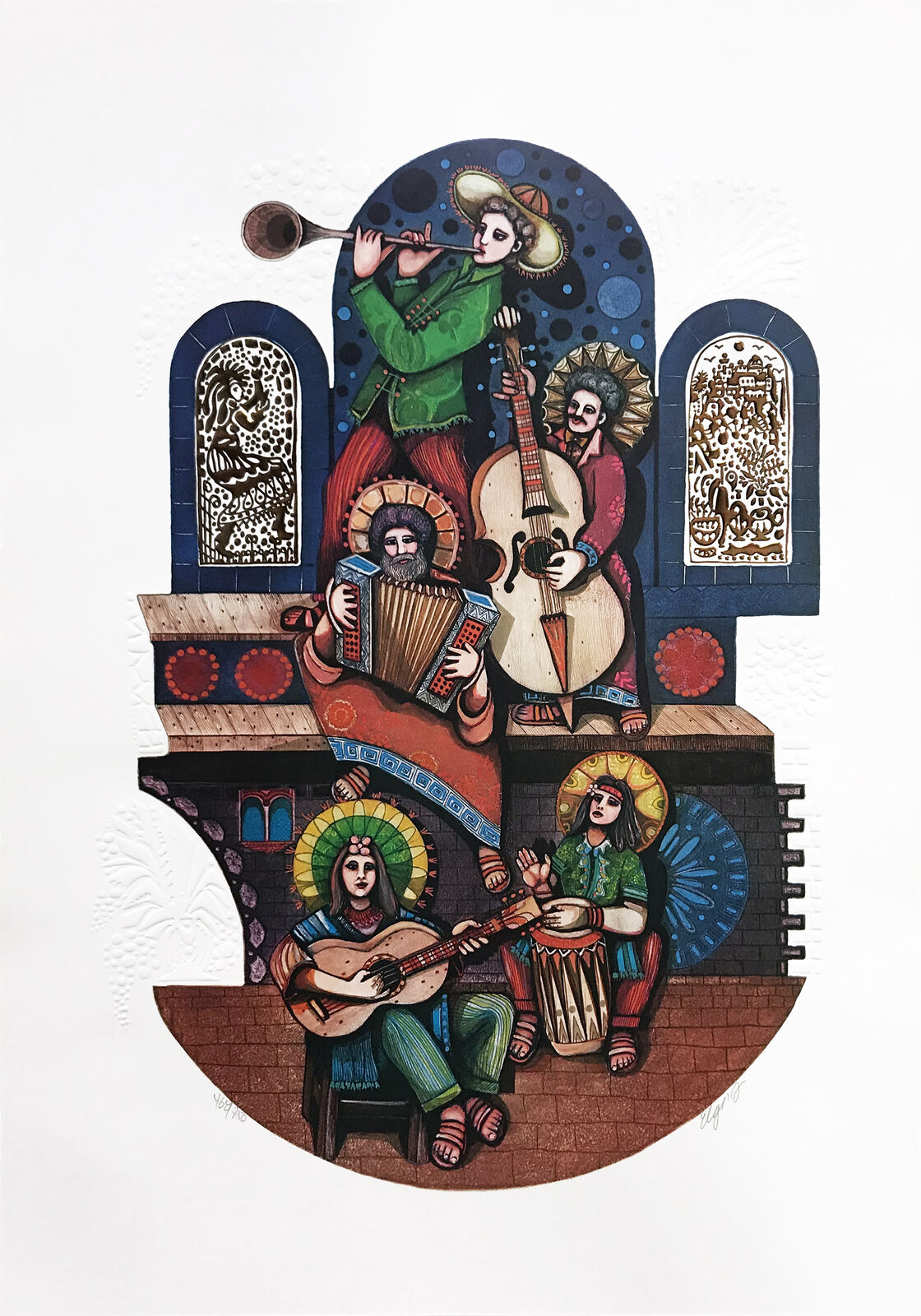 A painting of a group of people playing musical instruments.