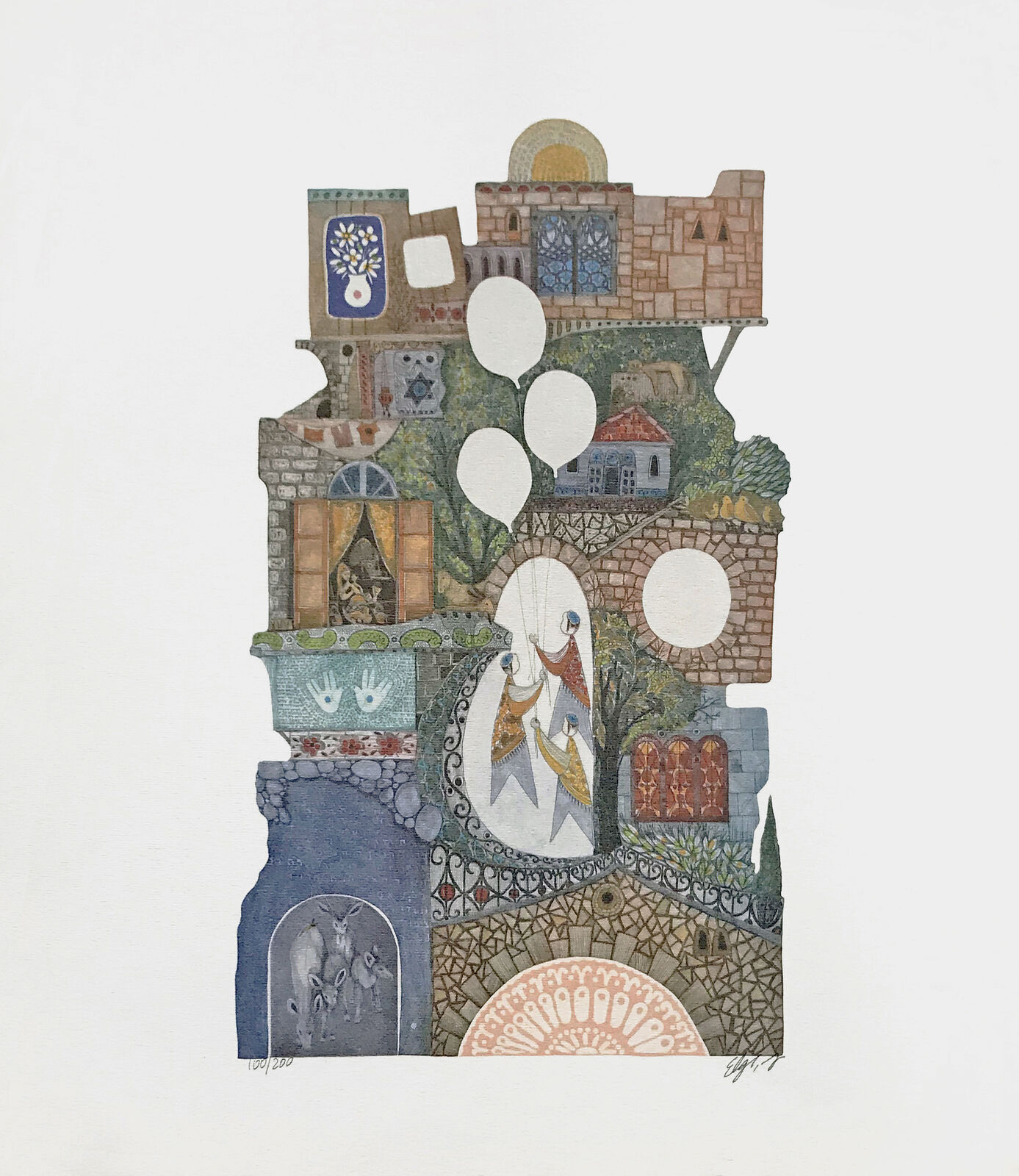 A collage of a city with a lot of buildings and people.