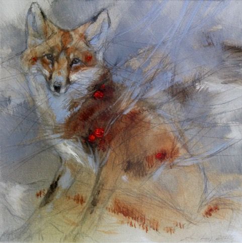 a painting of a fox with red berries on its neck