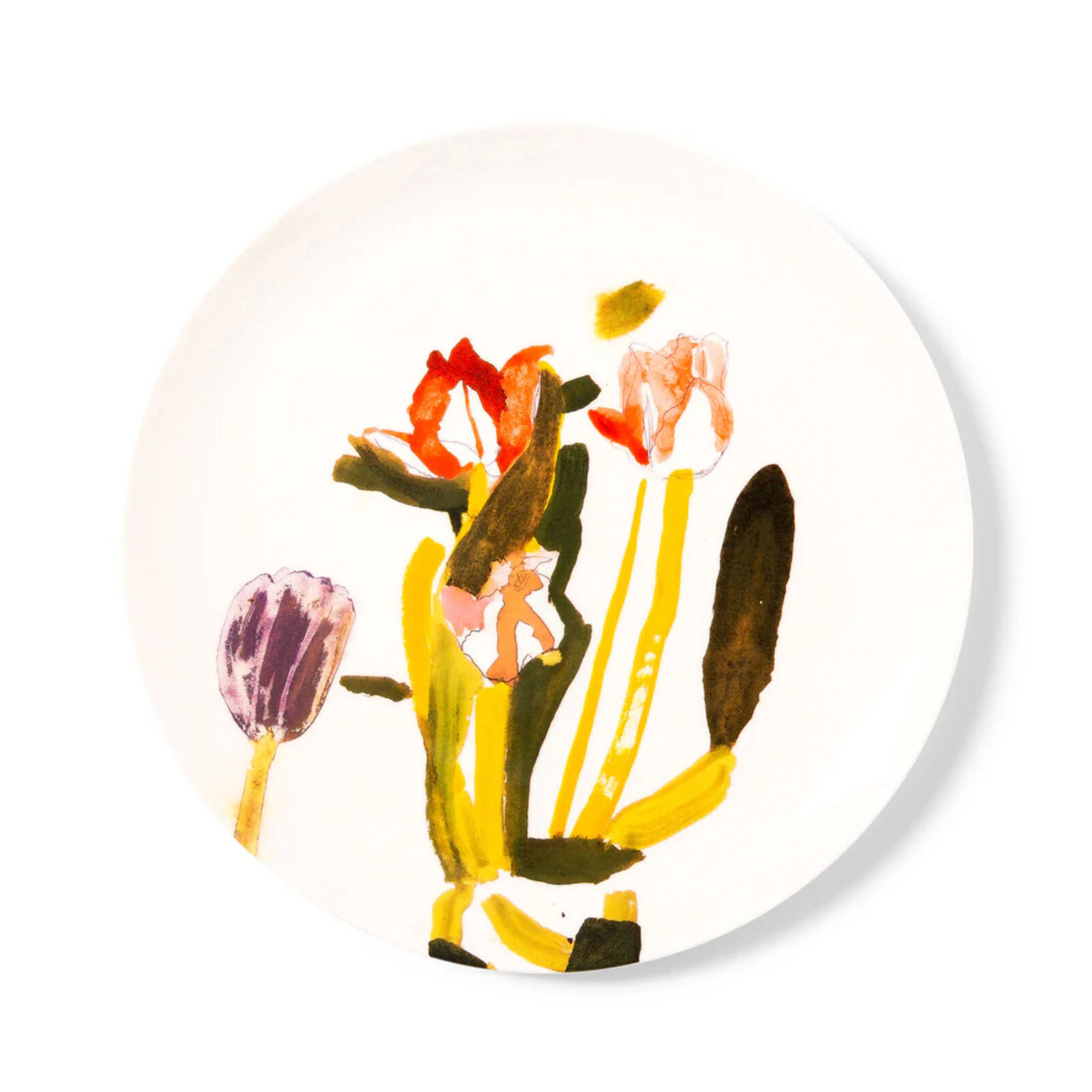 A white plate with a painting of flowers on it.
