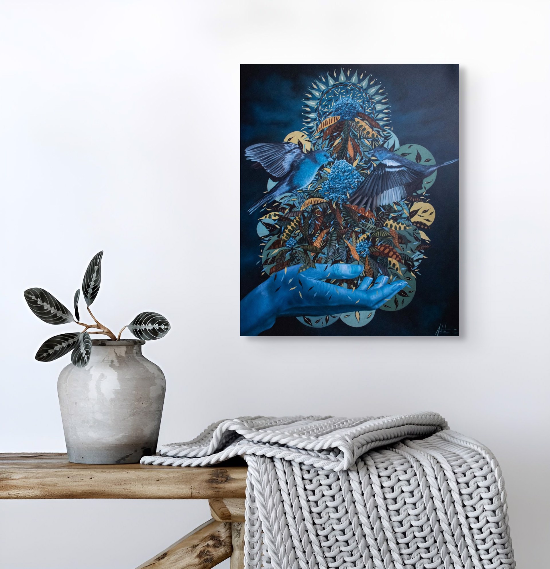 A painting of a hand holding a bunch of flowers and birds.