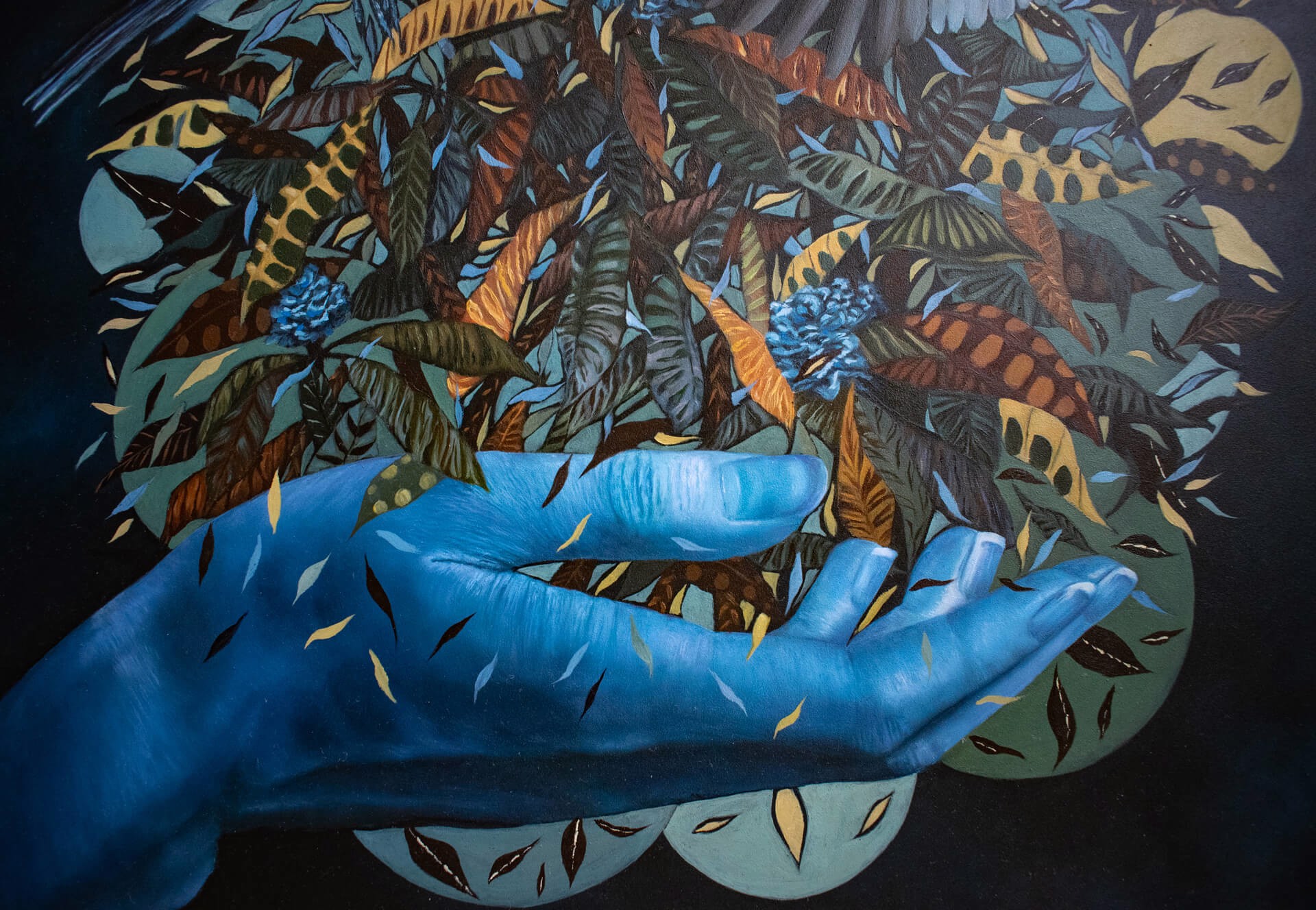 A painting of a hand holding a bunch of flowers and birds.