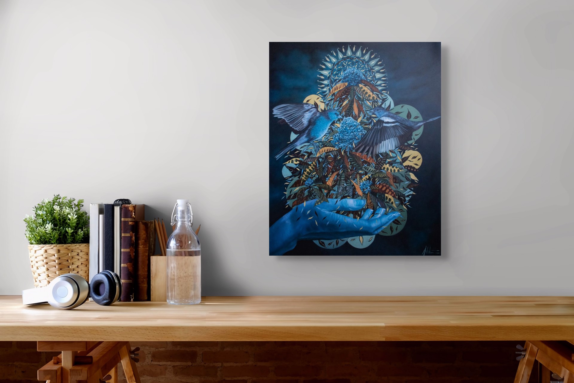 A painting of a hand holding a bunch of flowers and birds.
