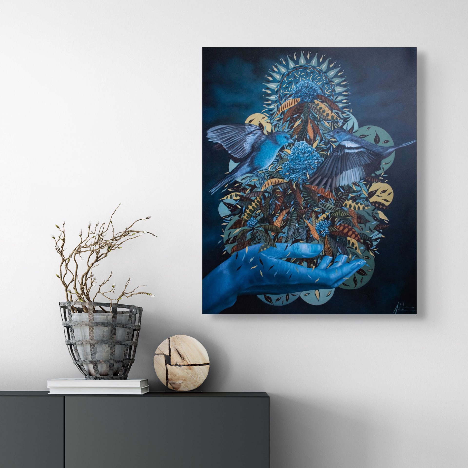 A painting of a hand holding a bunch of flowers and birds.