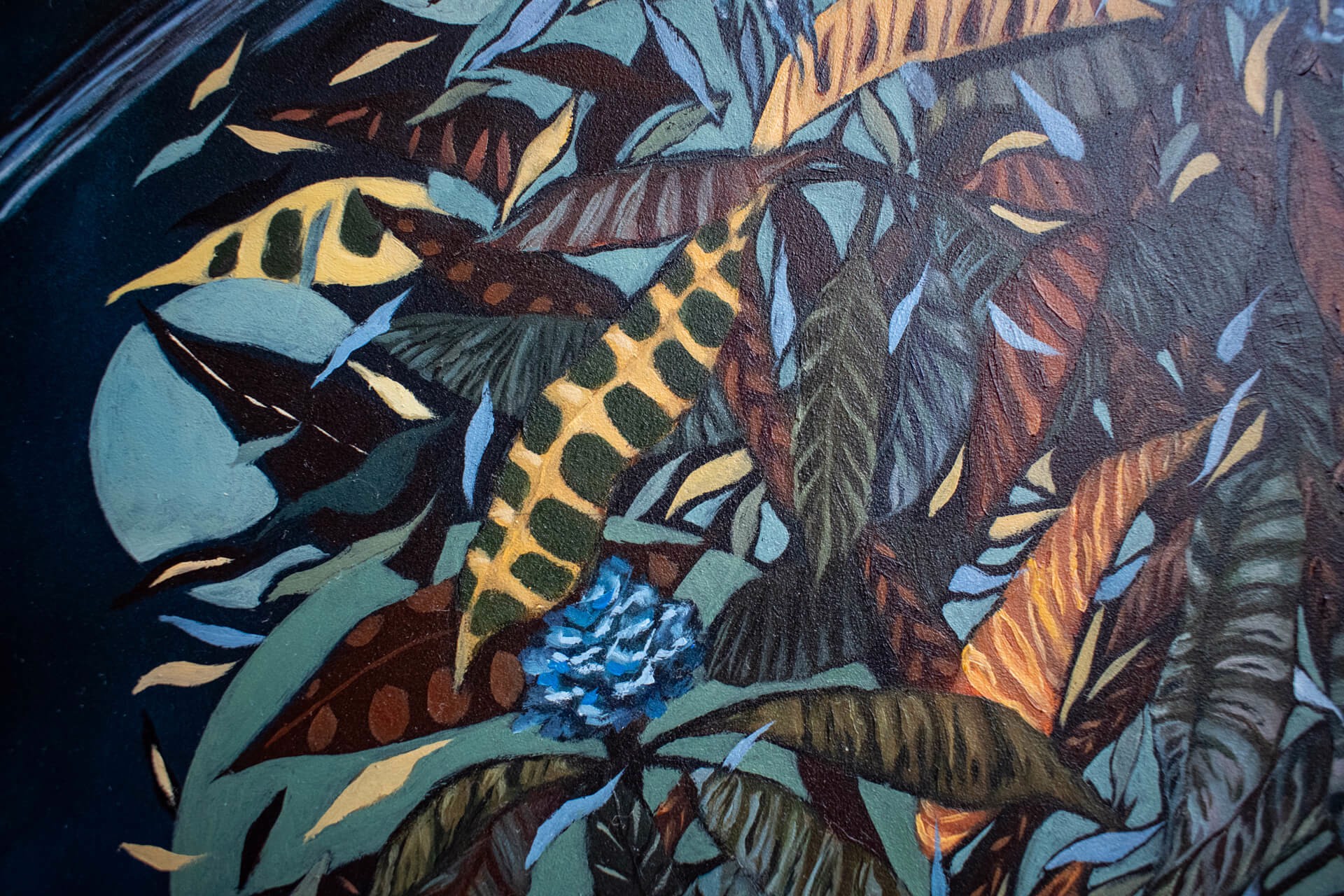 A painting of a hand holding a bunch of flowers and birds.