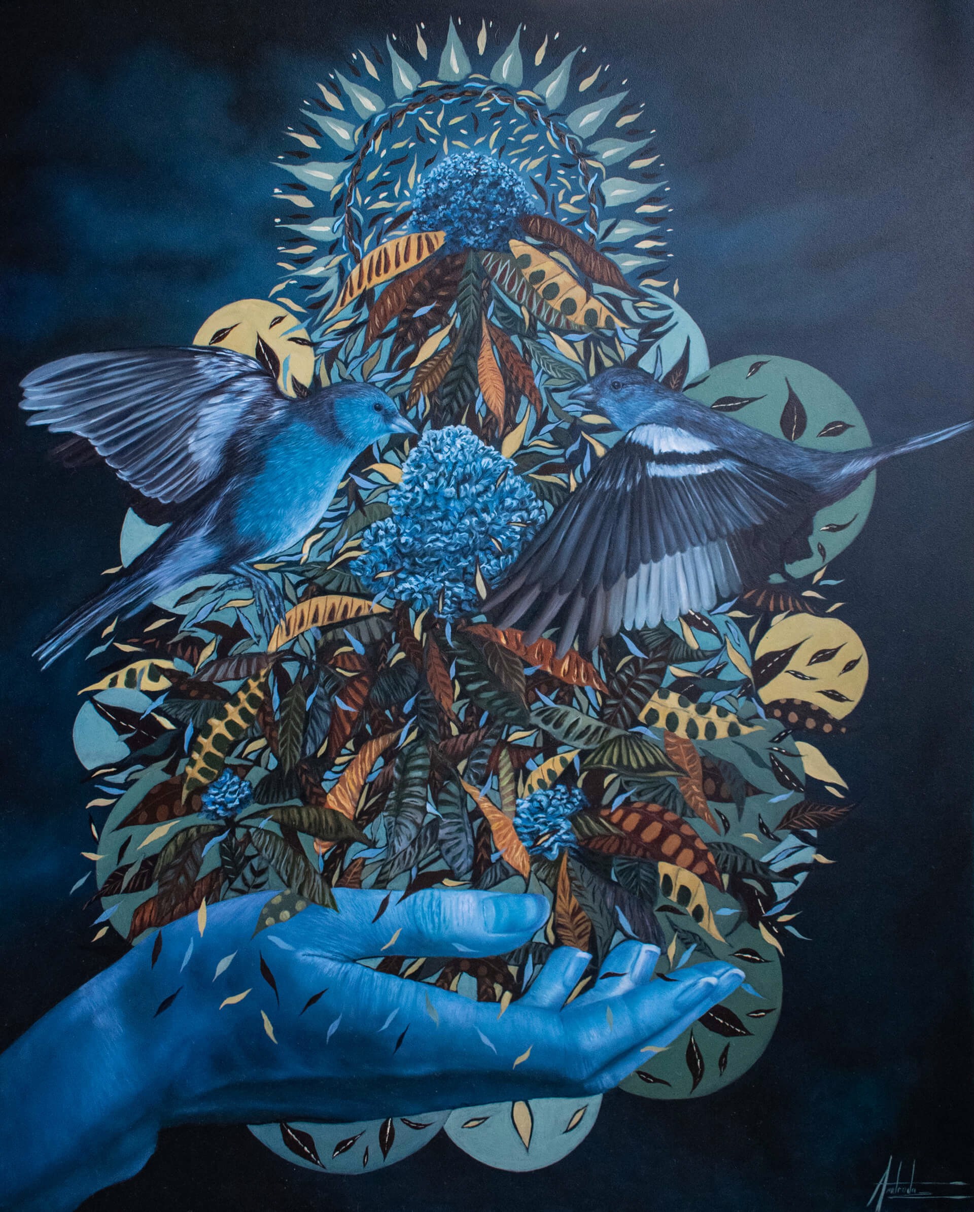 A painting of a hand holding a bunch of flowers and birds.