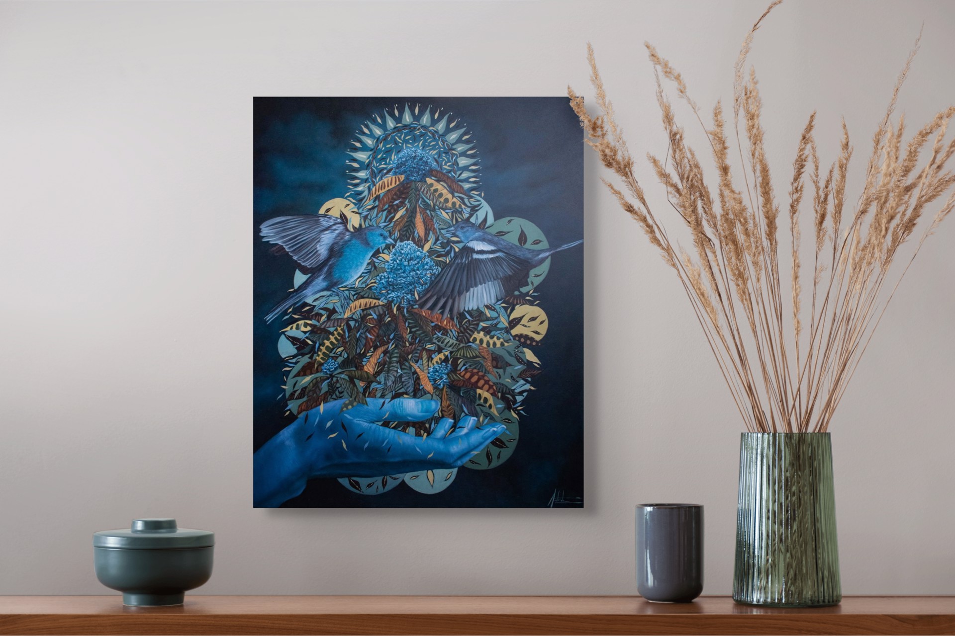 A painting of a hand holding a bunch of flowers and birds.