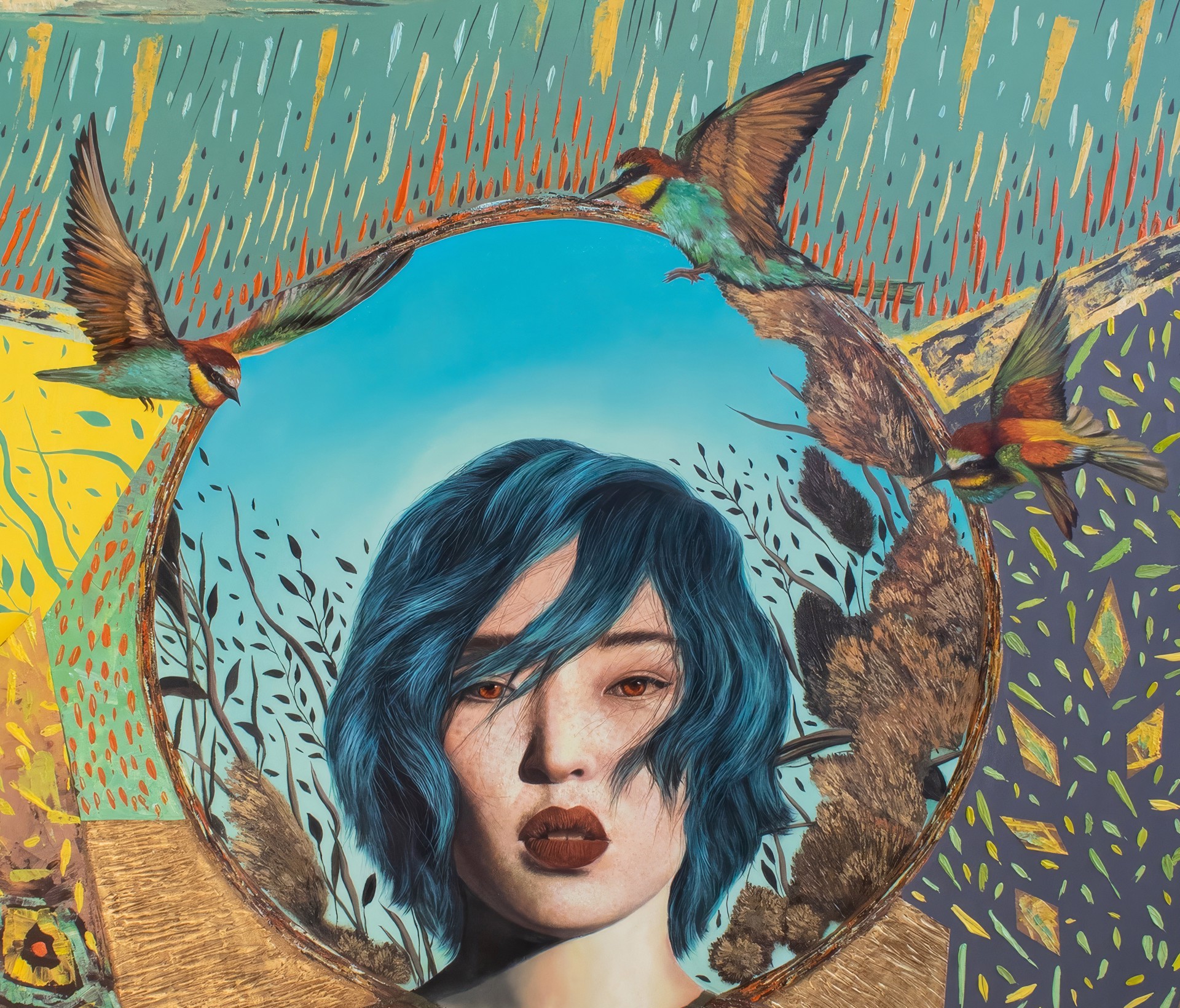 A surreal portrait of a figure with blue hair holding a textured object against a vibrant, patterned background.