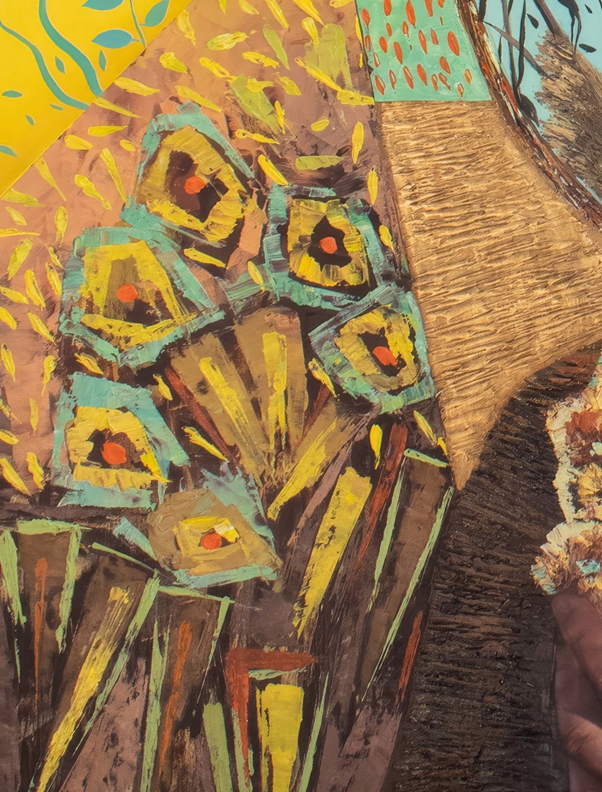 A surreal portrait of a figure with blue hair holding a textured object against a vibrant, patterned background.