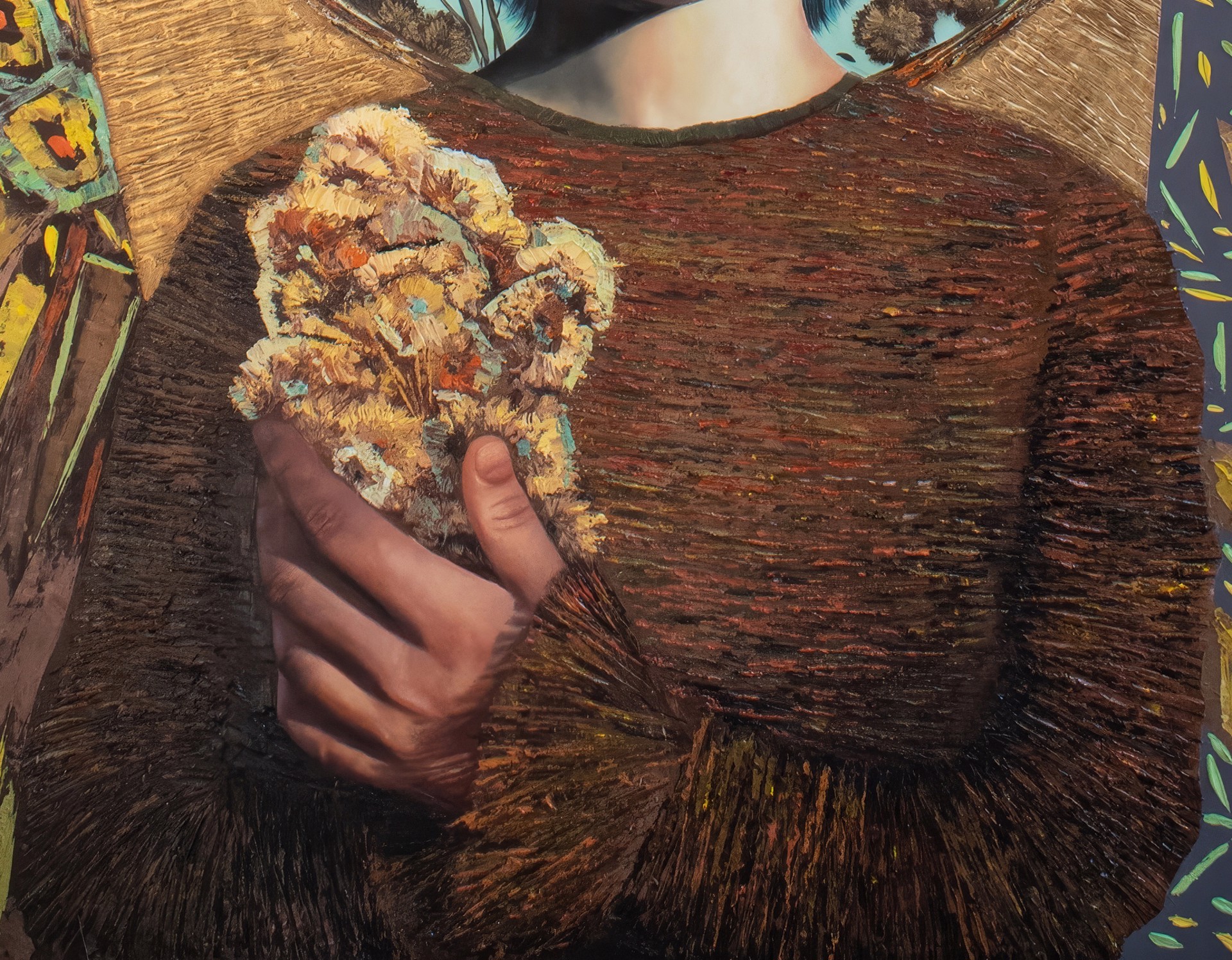 A surreal portrait of a figure with blue hair holding a textured object against a vibrant, patterned background.