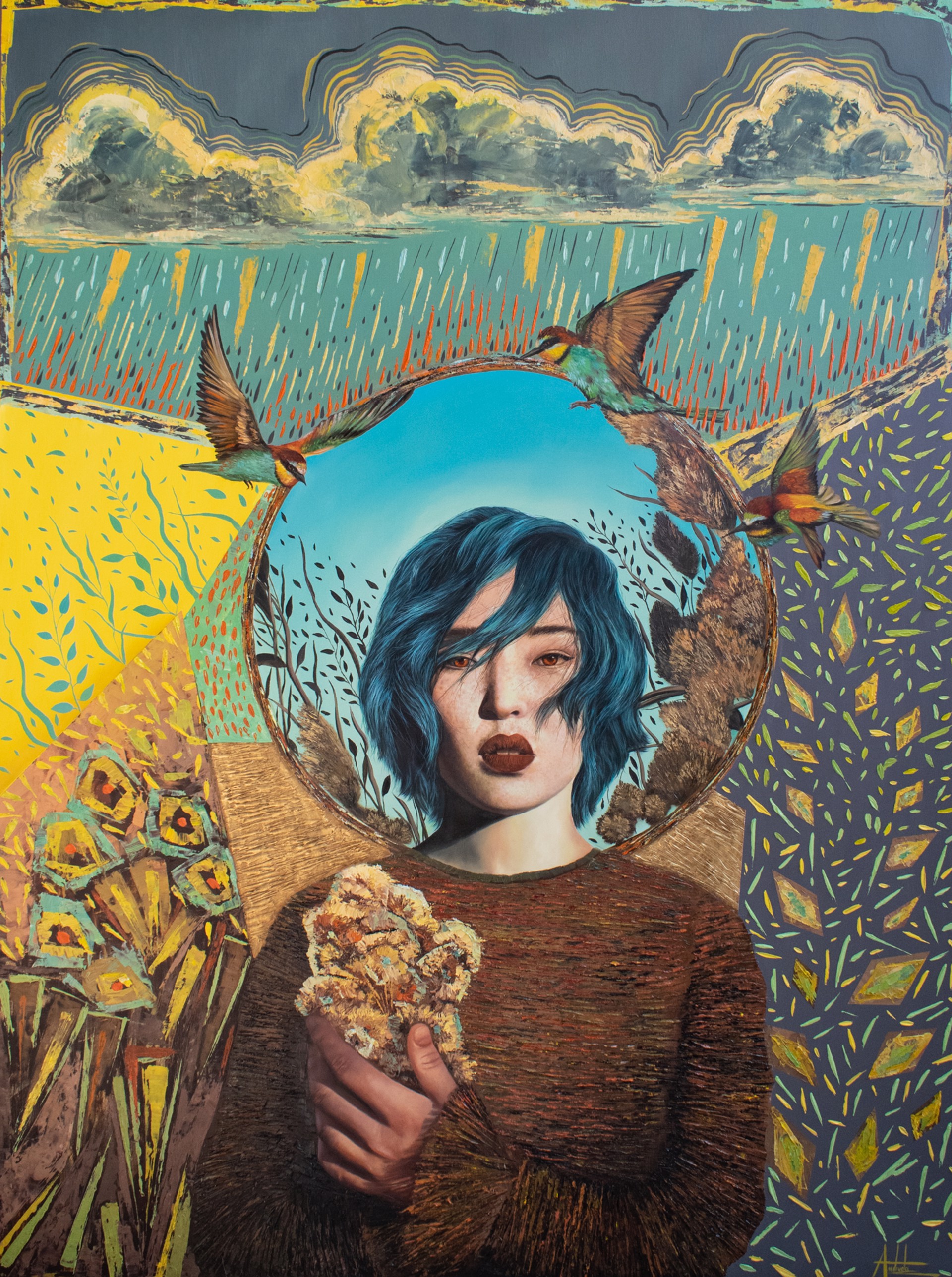 A surreal portrait of a figure with blue hair holding a textured object against a vibrant, patterned background.
