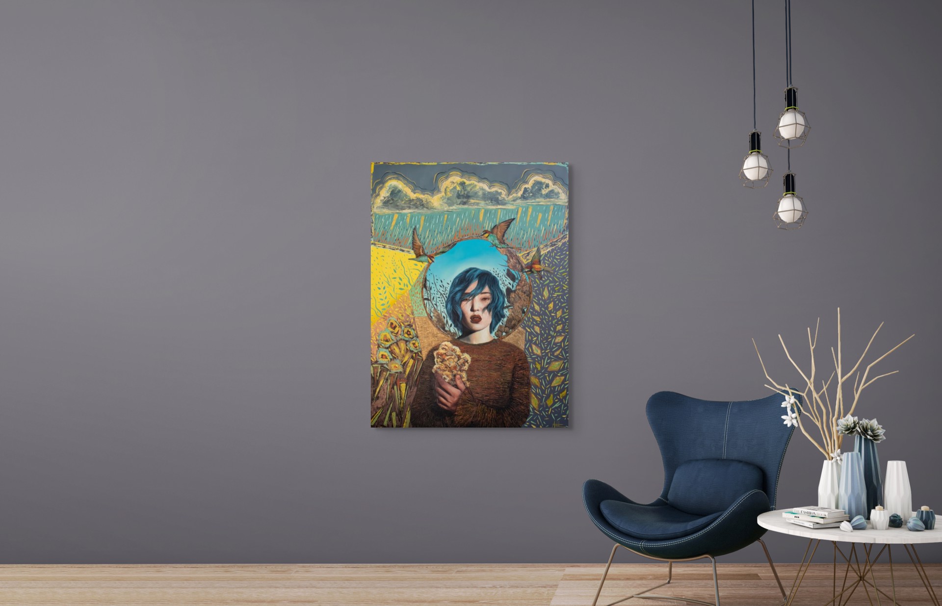 A surreal portrait of a figure with blue hair holding a textured object against a vibrant, patterned background.