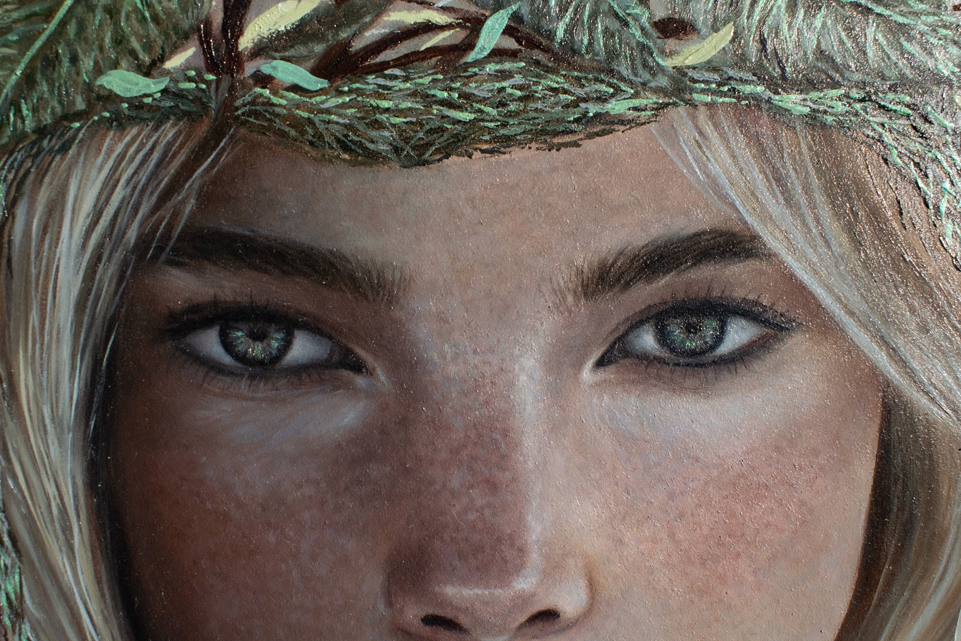 A painting of a woman with a wreath on her head.