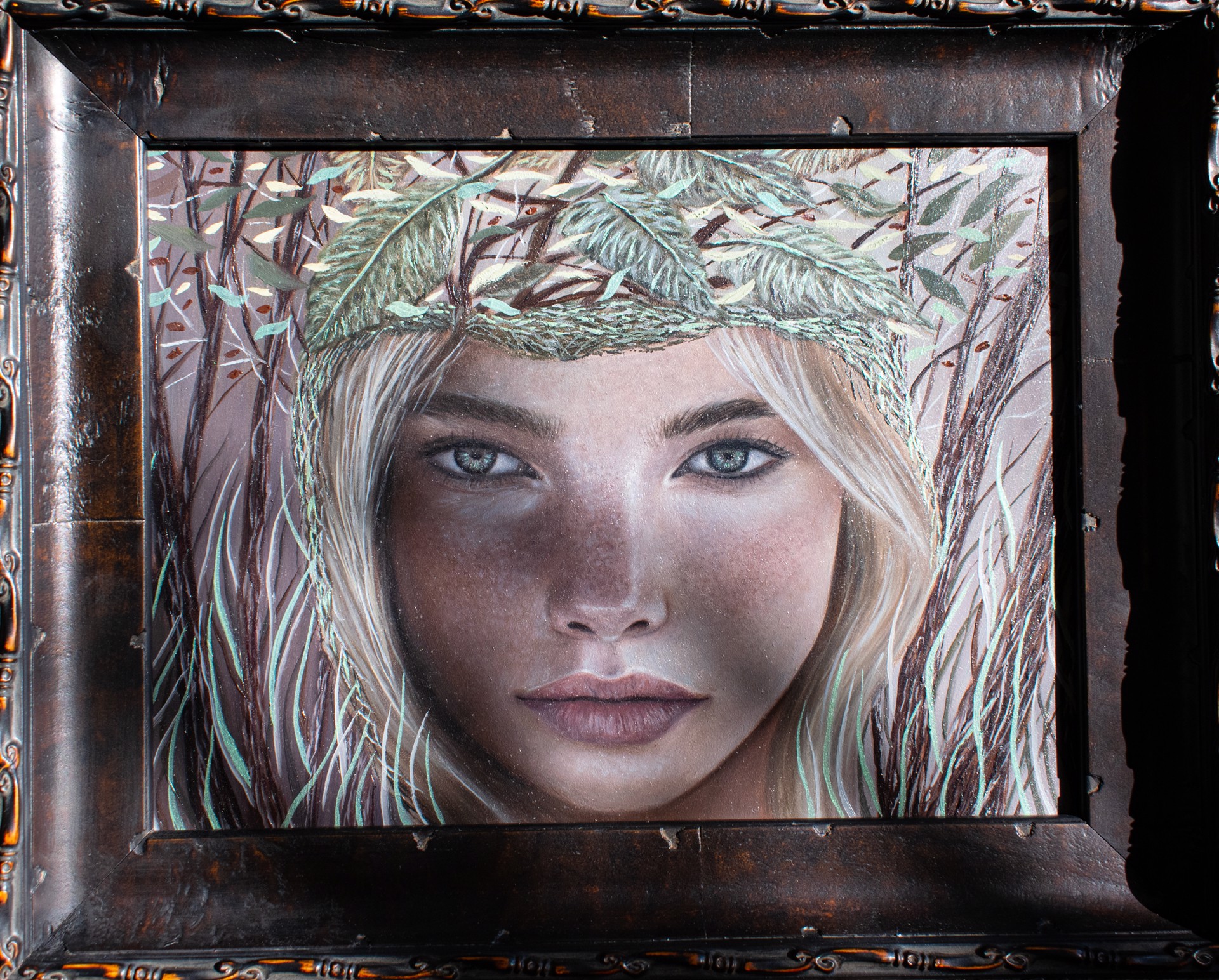 A painting of a woman with a wreath on her head.