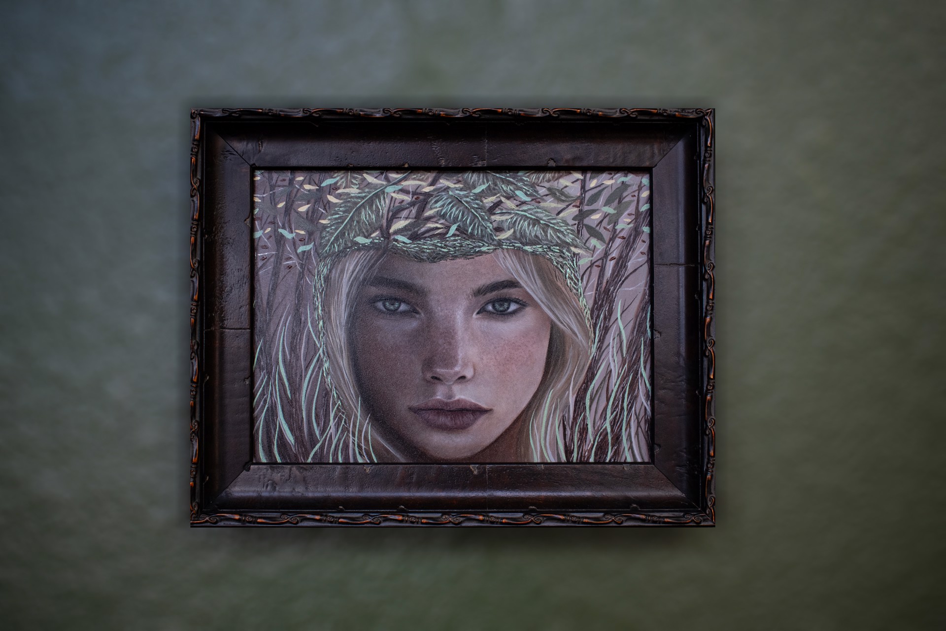 A painting of a woman with a wreath on her head.