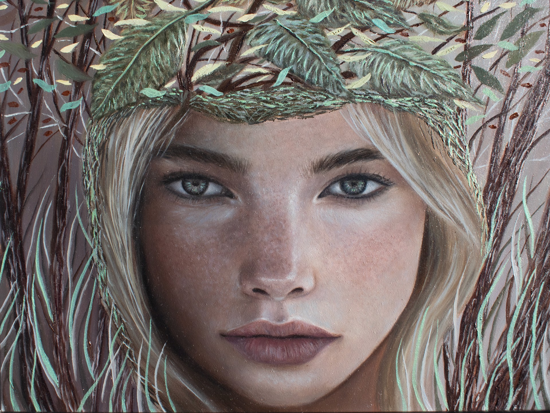 A painting of a woman with a wreath on her head.