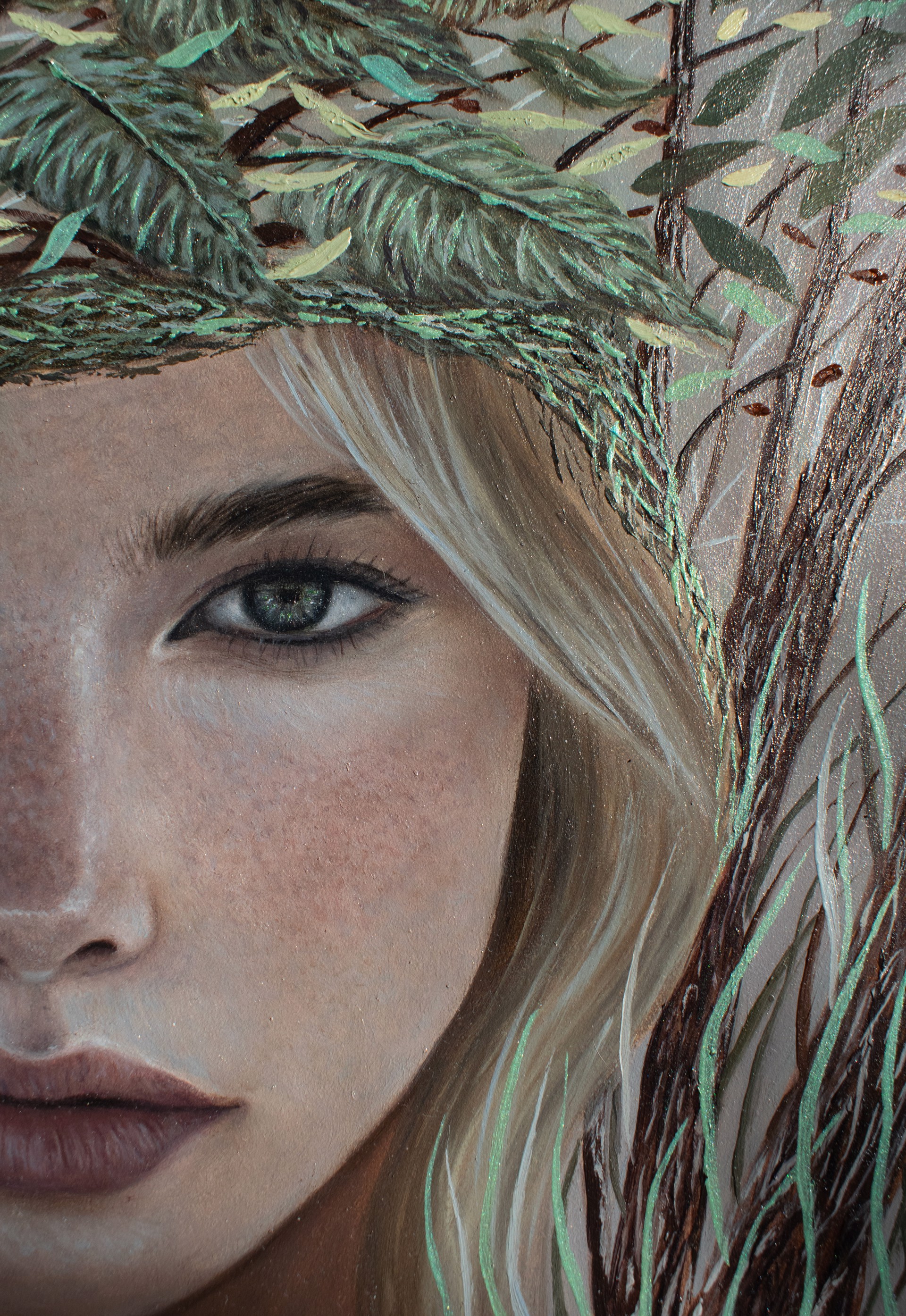 A painting of a woman with a wreath on her head.