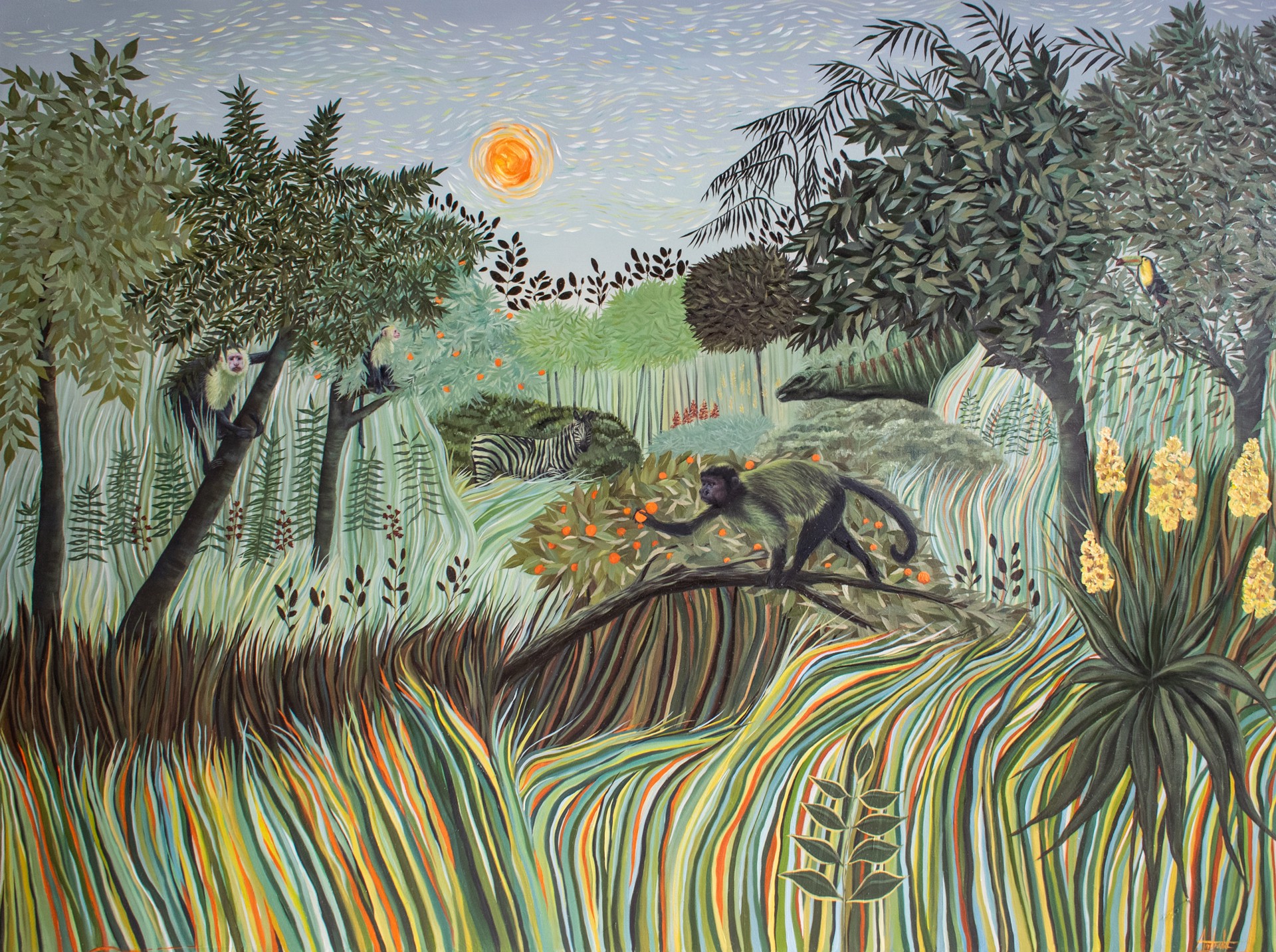 A painting of a monkey sitting on a tree branch in a forest.