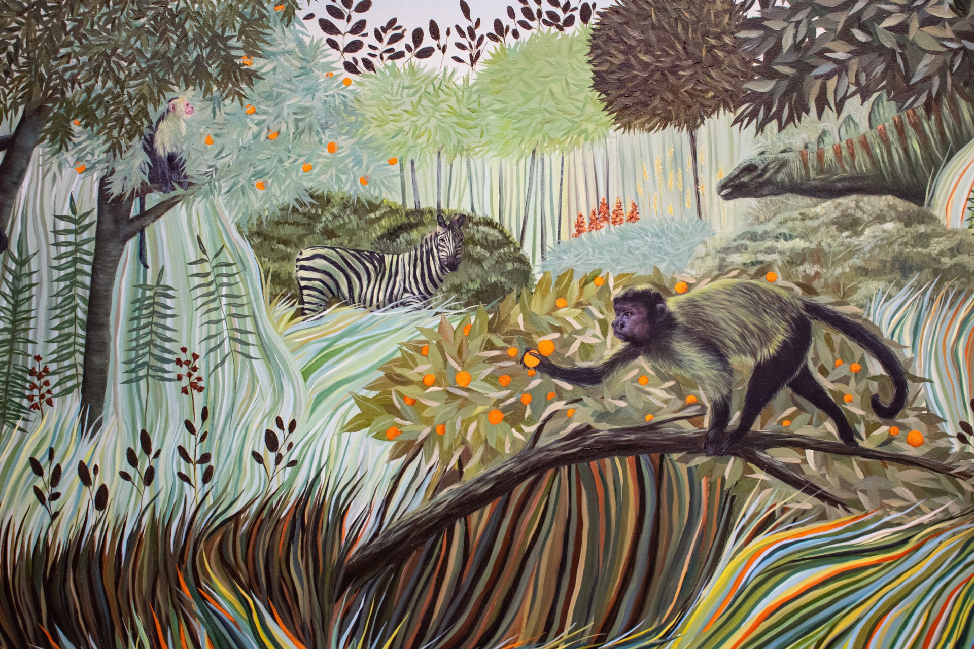 A painting of a monkey sitting on a tree branch in a forest.