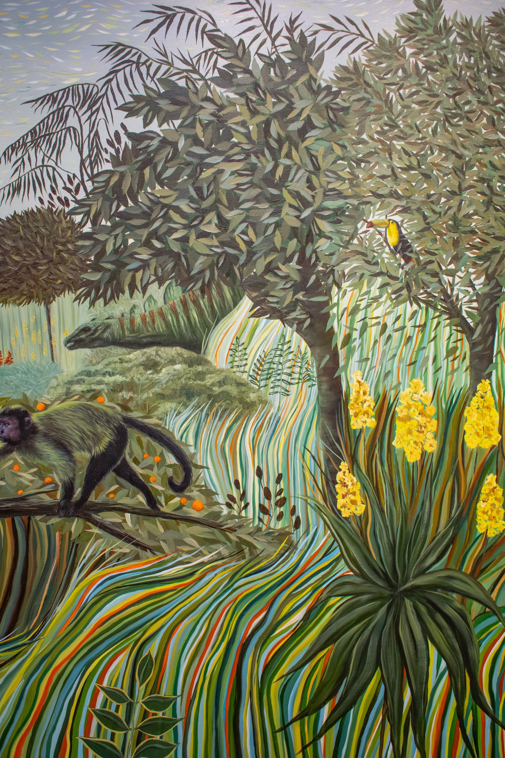 A painting of a monkey sitting on a tree branch in a forest.