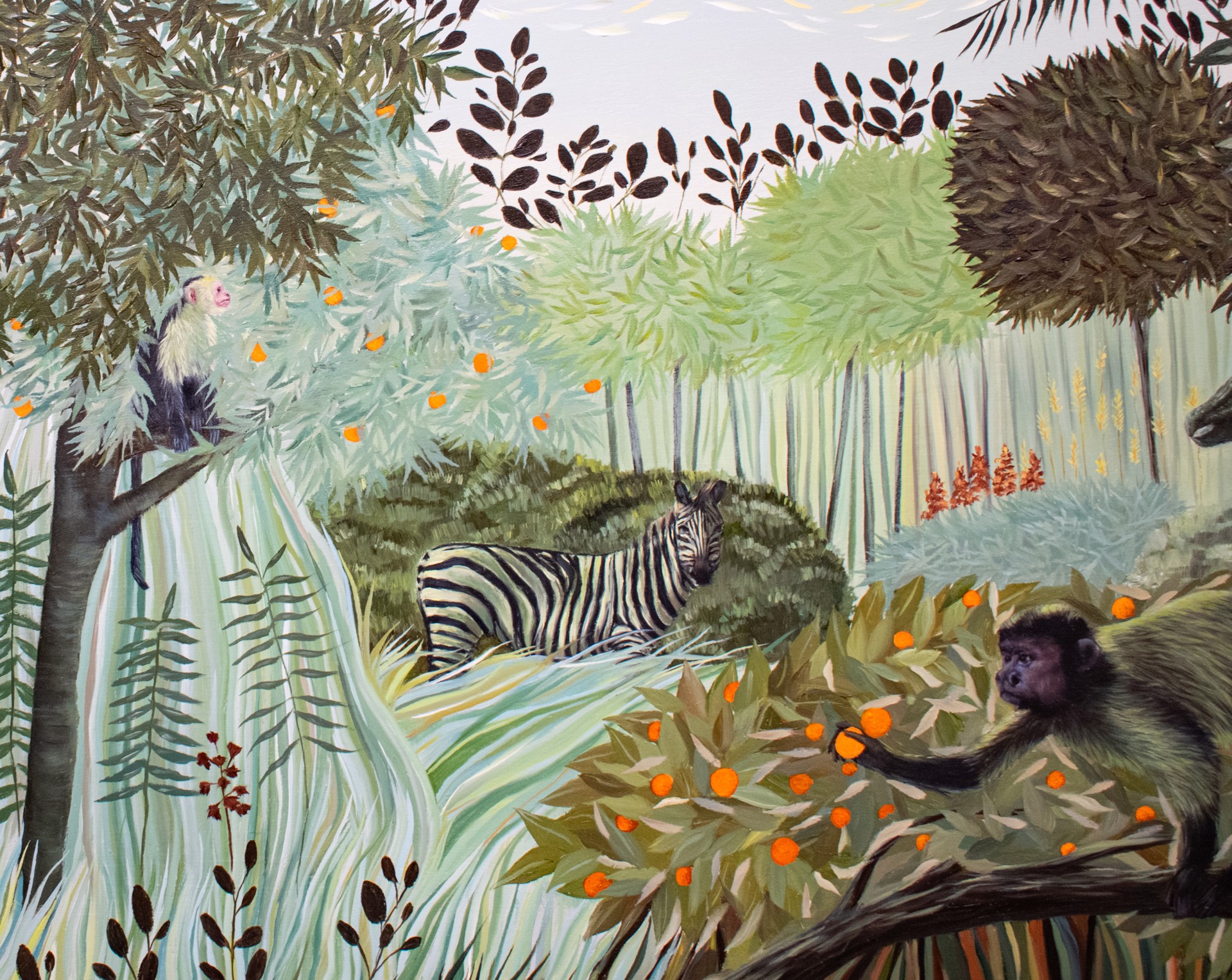 A painting of a monkey sitting on a tree branch in a forest.