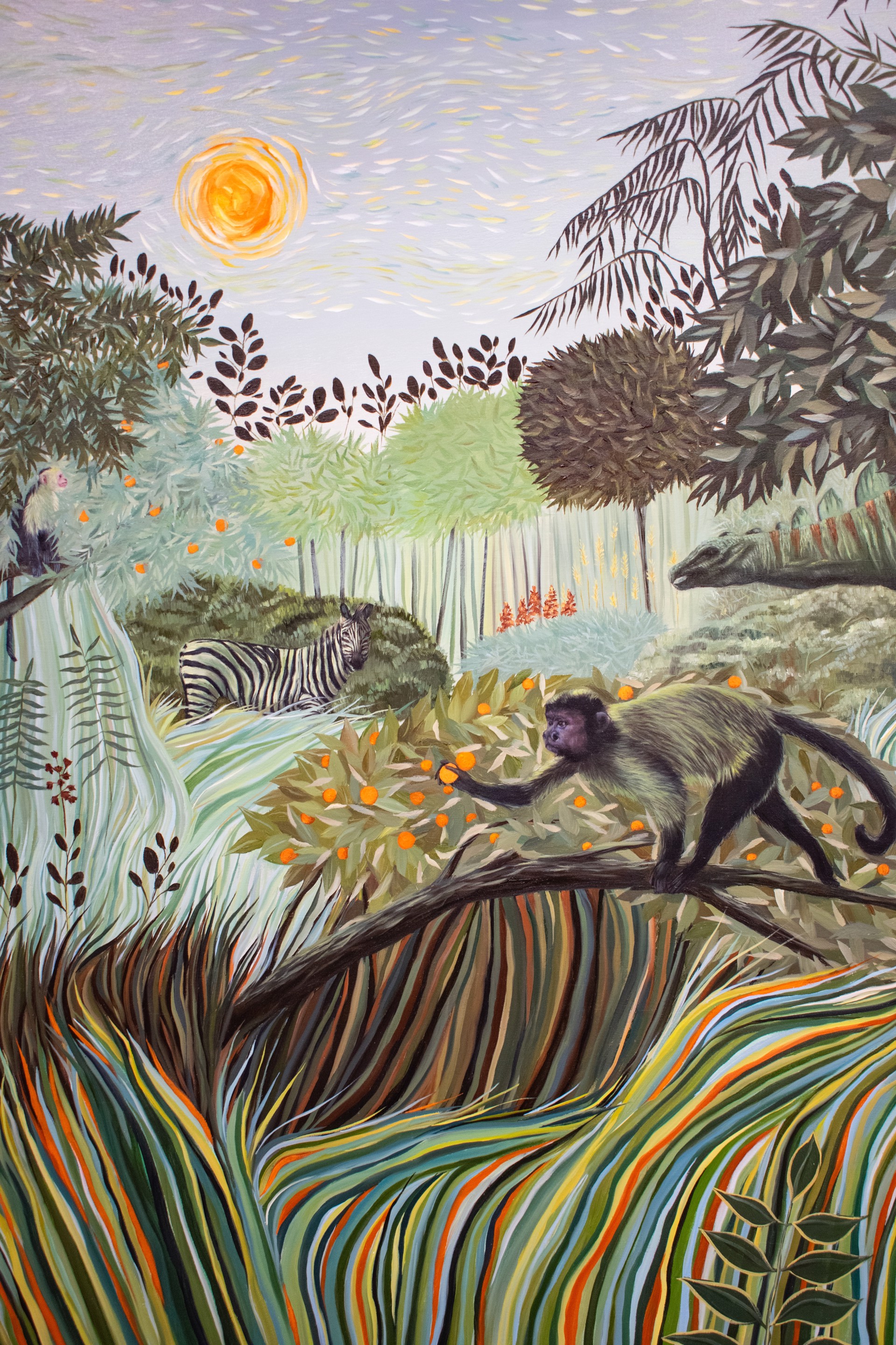A painting of a monkey sitting on a tree branch in a forest.