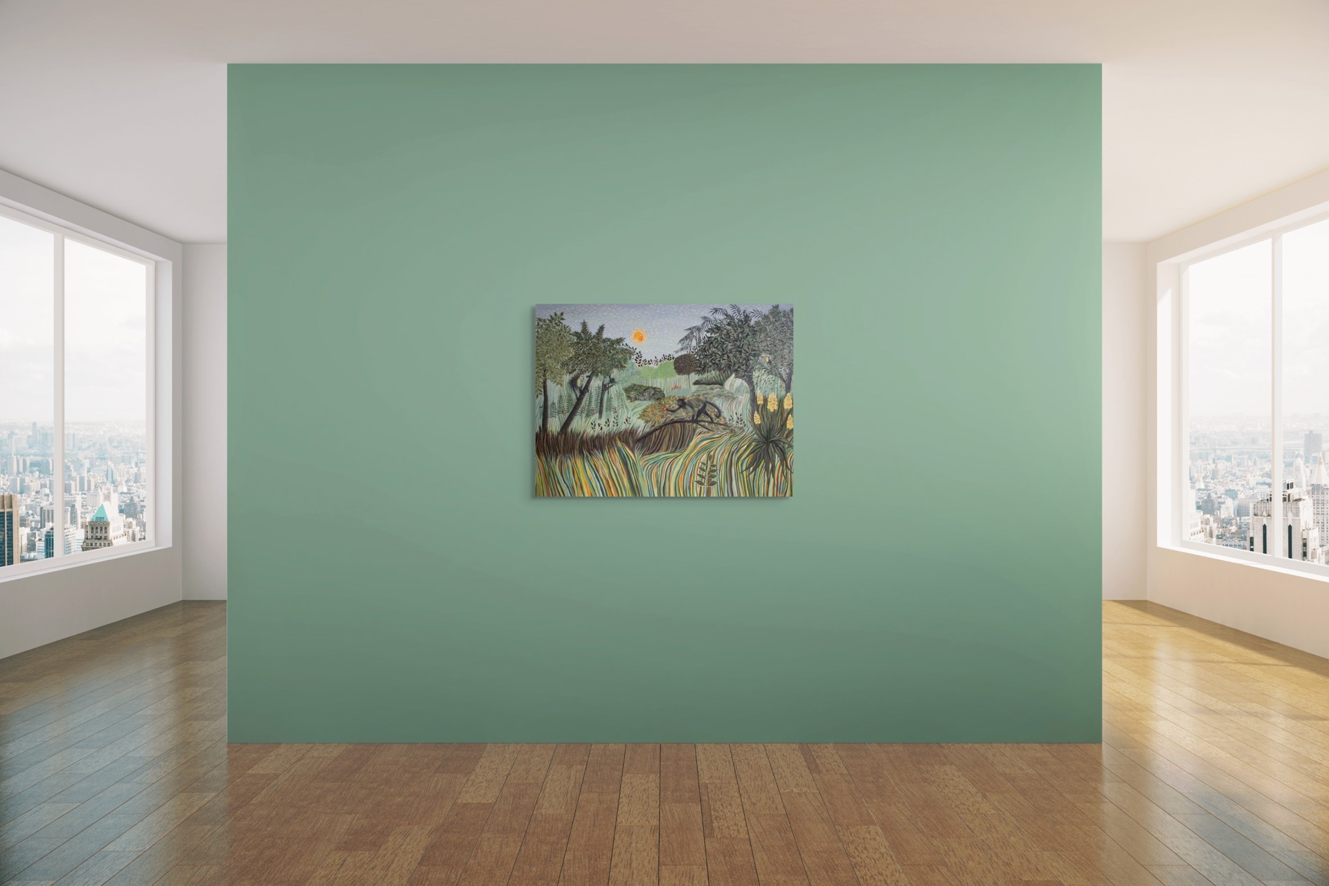A painting of a monkey sitting on a tree branch in a forest.