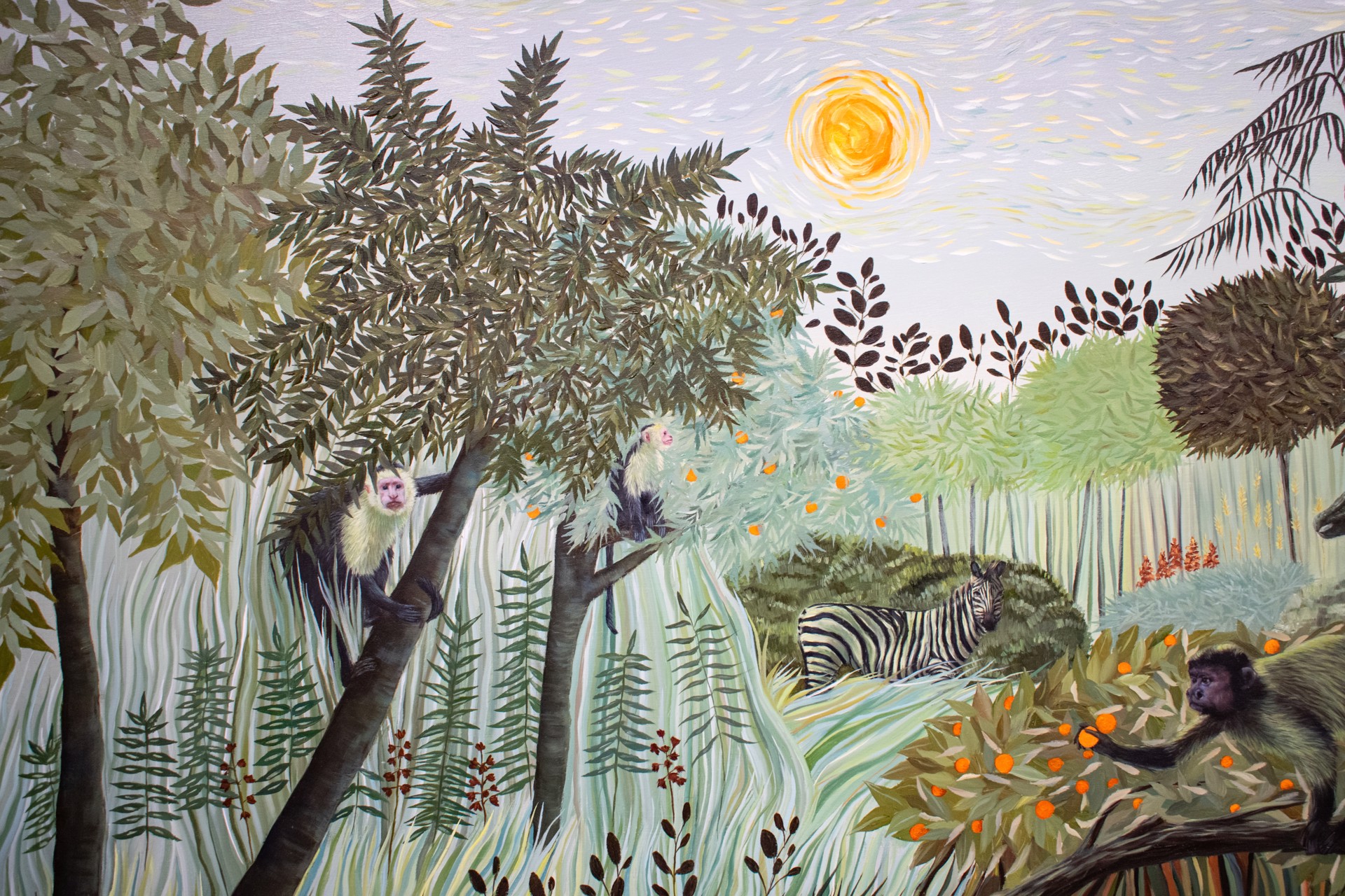 A painting of a monkey sitting on a tree branch in a forest.