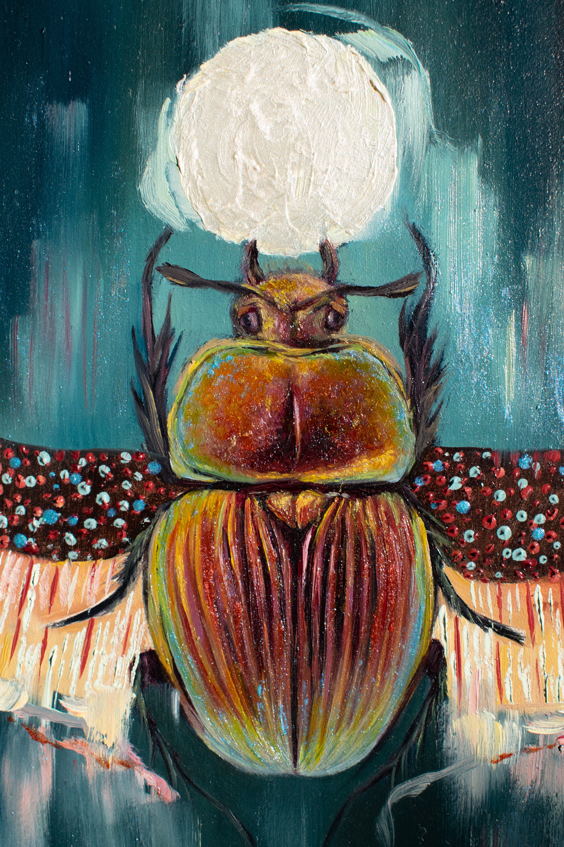 A painting of a beetle with a full moon in the background.