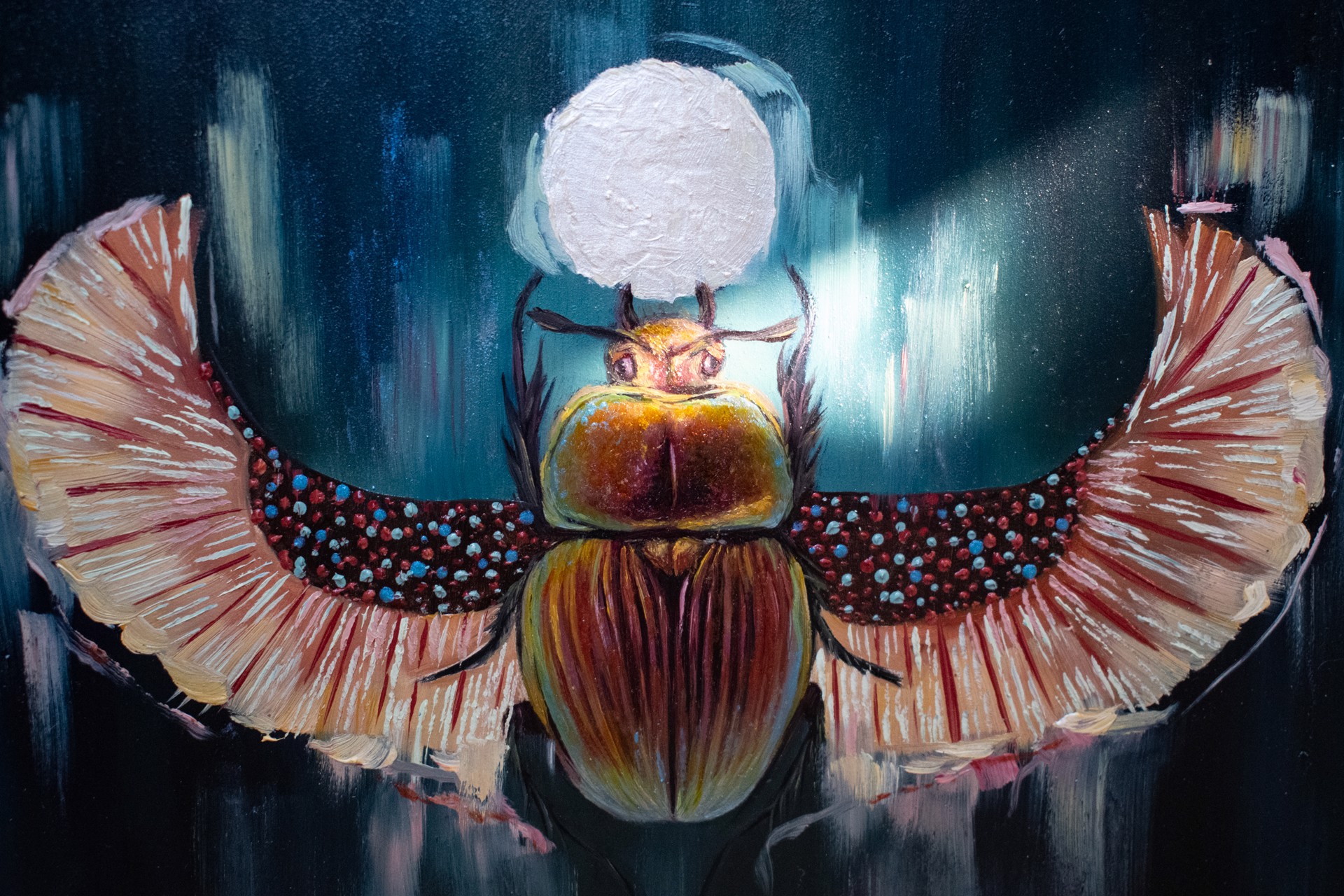 A painting of a beetle with a full moon in the background.