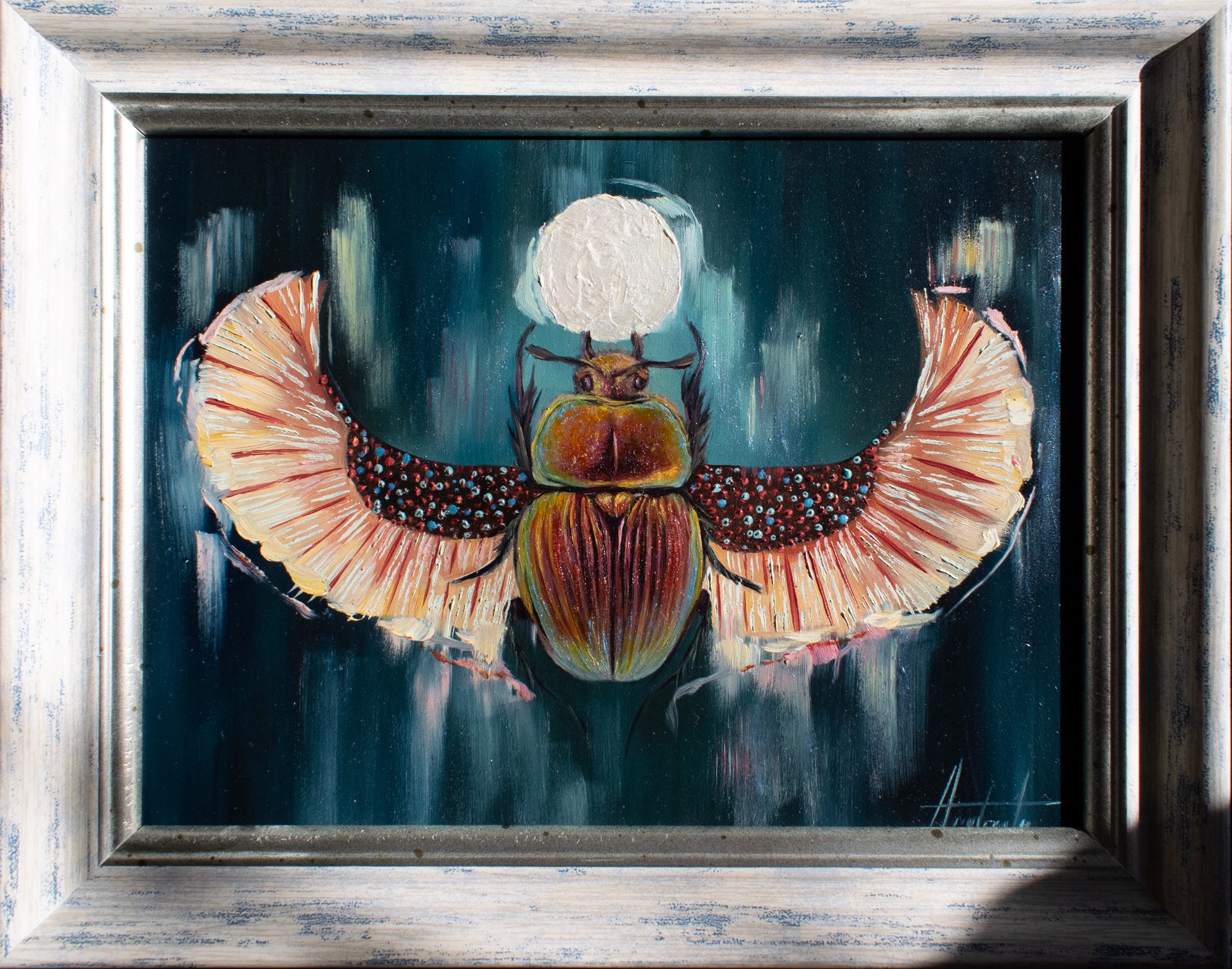 A painting of a beetle with a full moon in the background.
