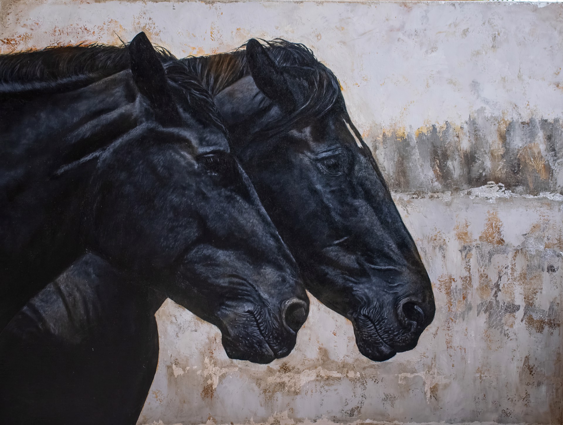 A painting of two black horses standing next to each other.