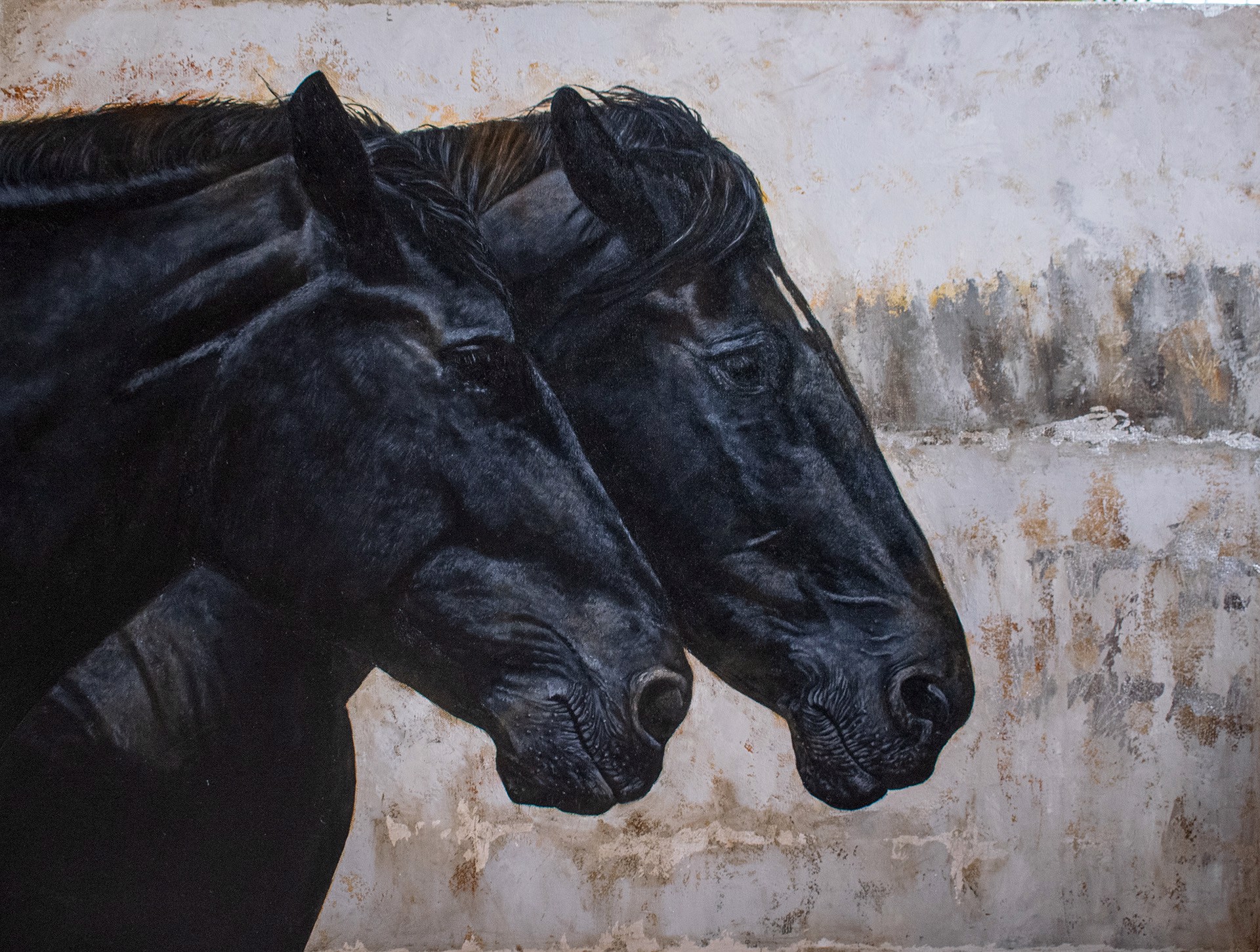 A painting of two black horses standing next to each other.