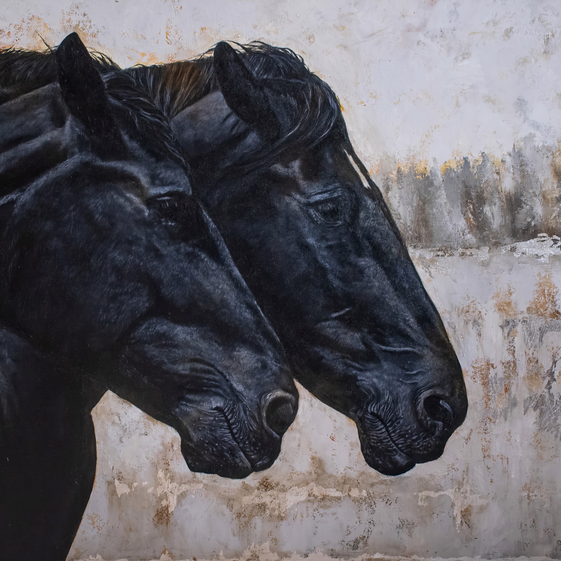 A painting of two black horses standing next to each other.