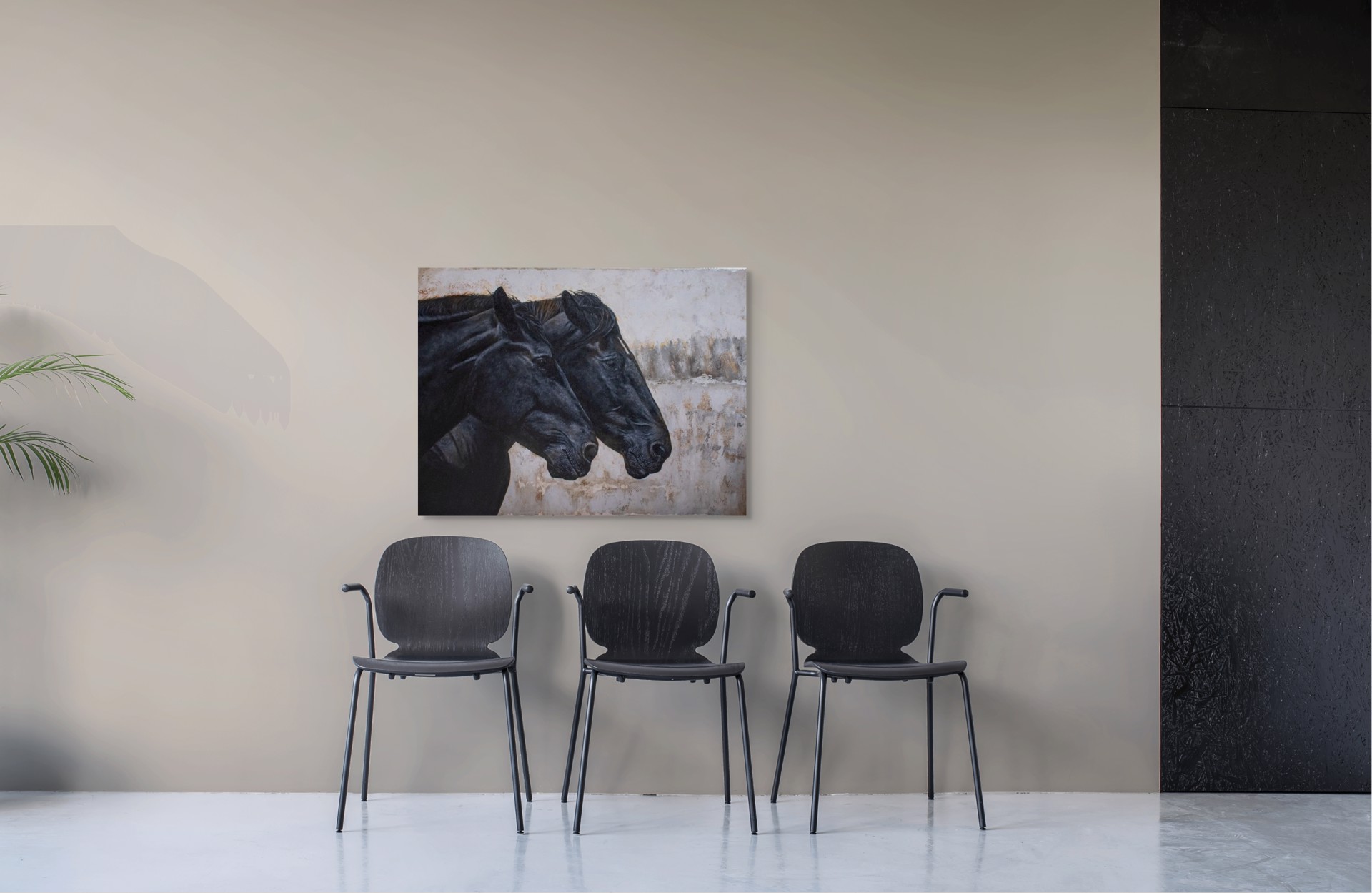 A painting of two black horses standing next to each other.