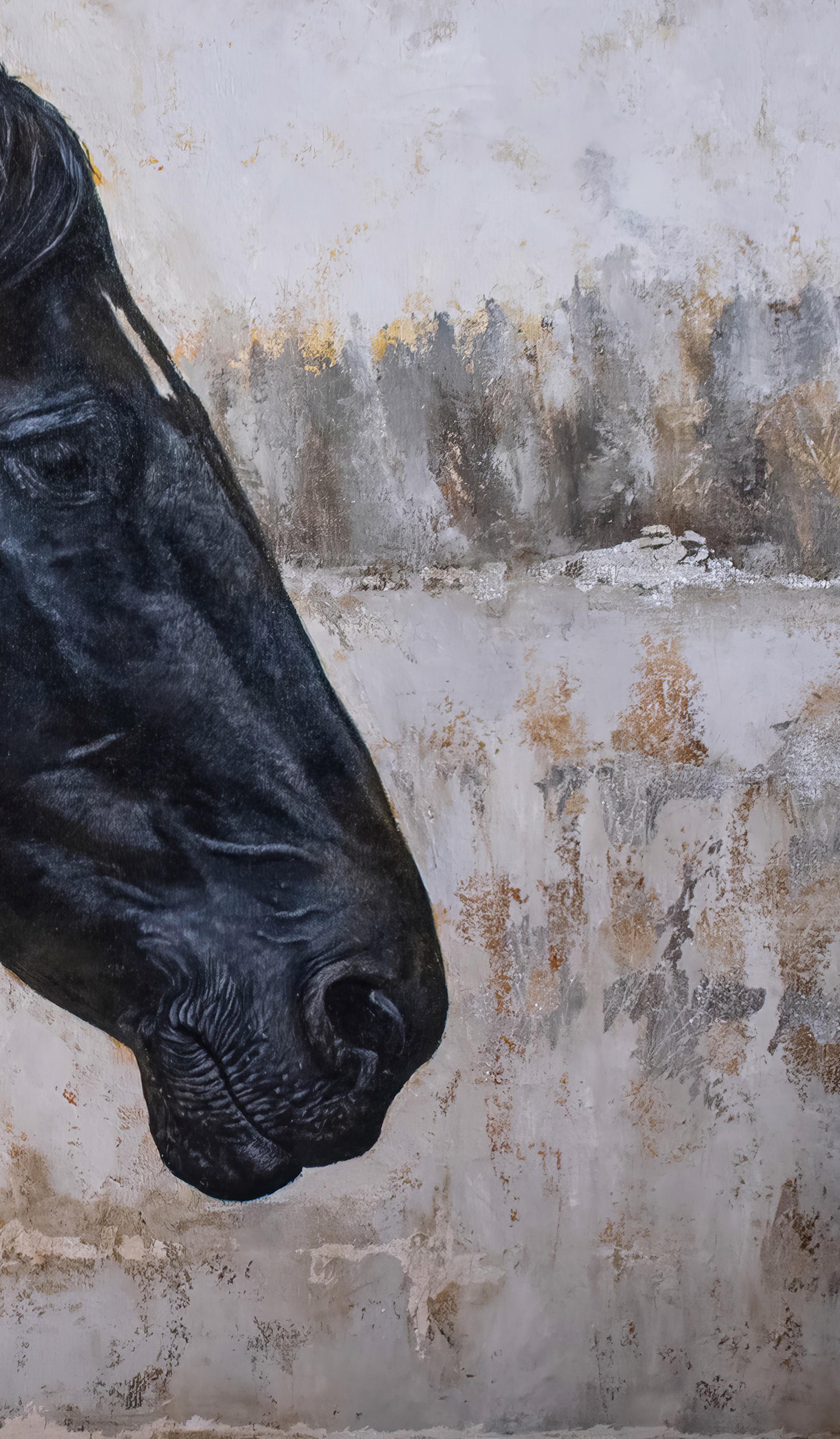 A painting of two black horses standing next to each other.
