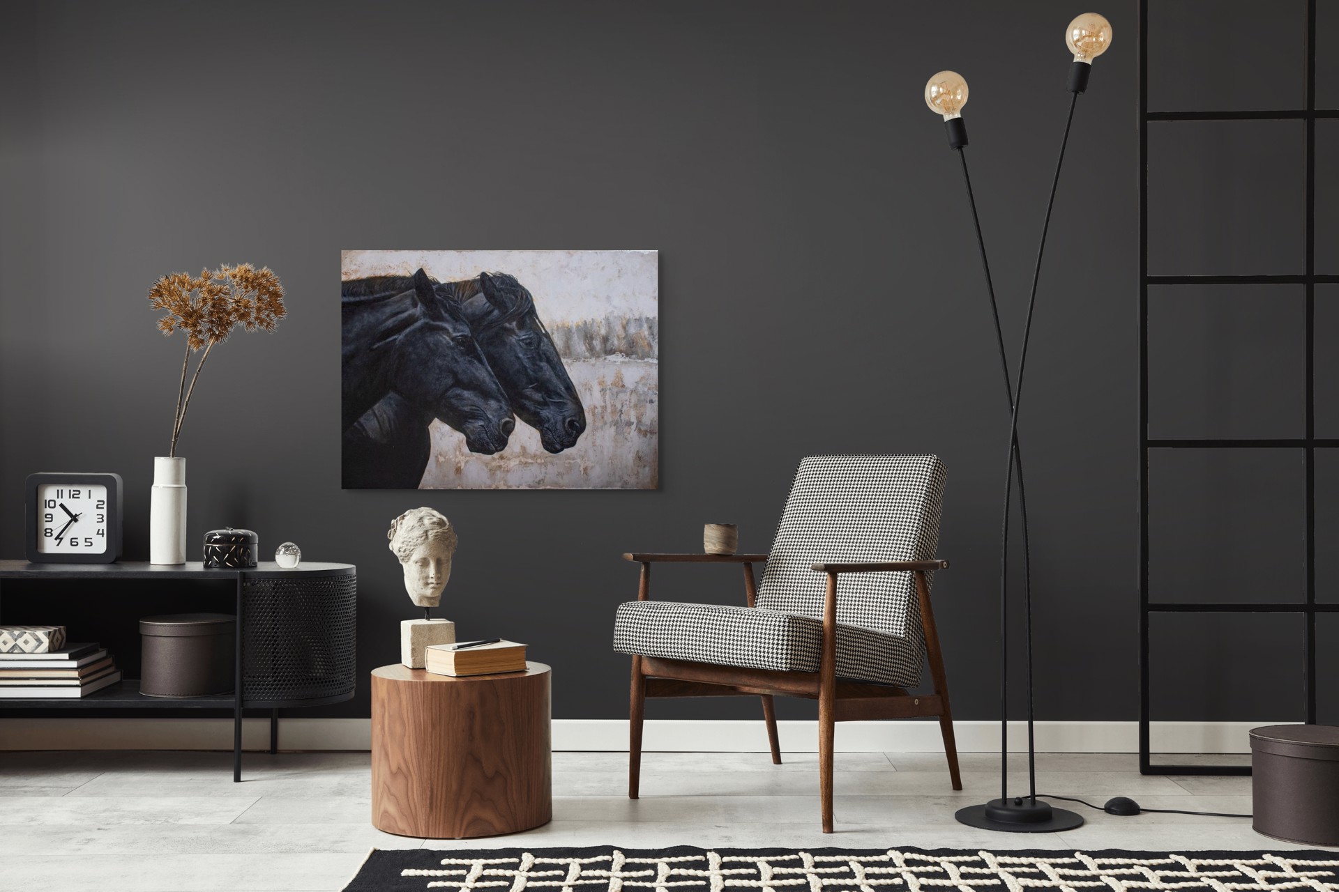 A painting of two black horses standing next to each other.