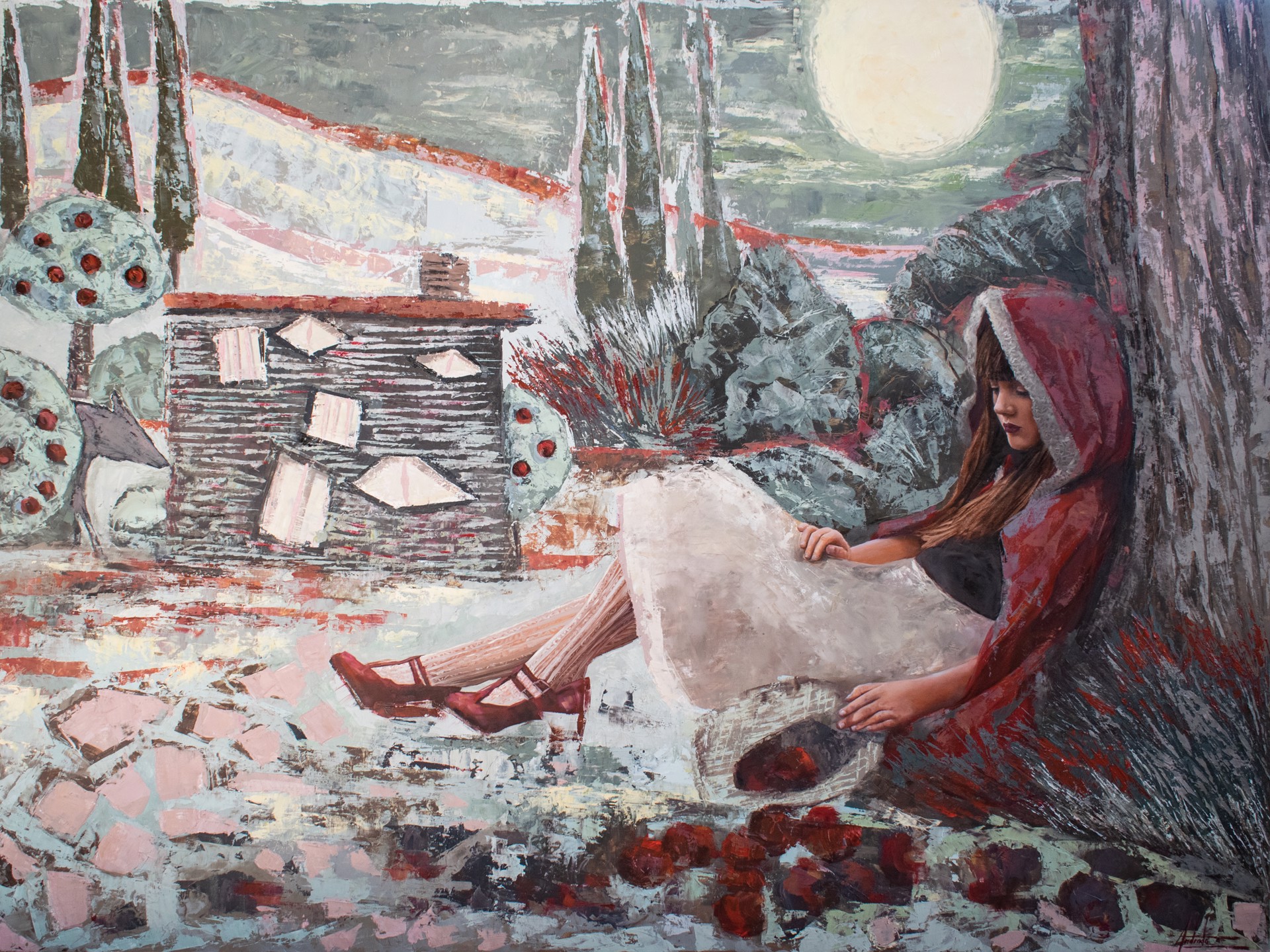 A figure in a red hooded cloak sits by a tree under a full moon, surrounded by a surreal landscape of abstract houses and floating spheres.