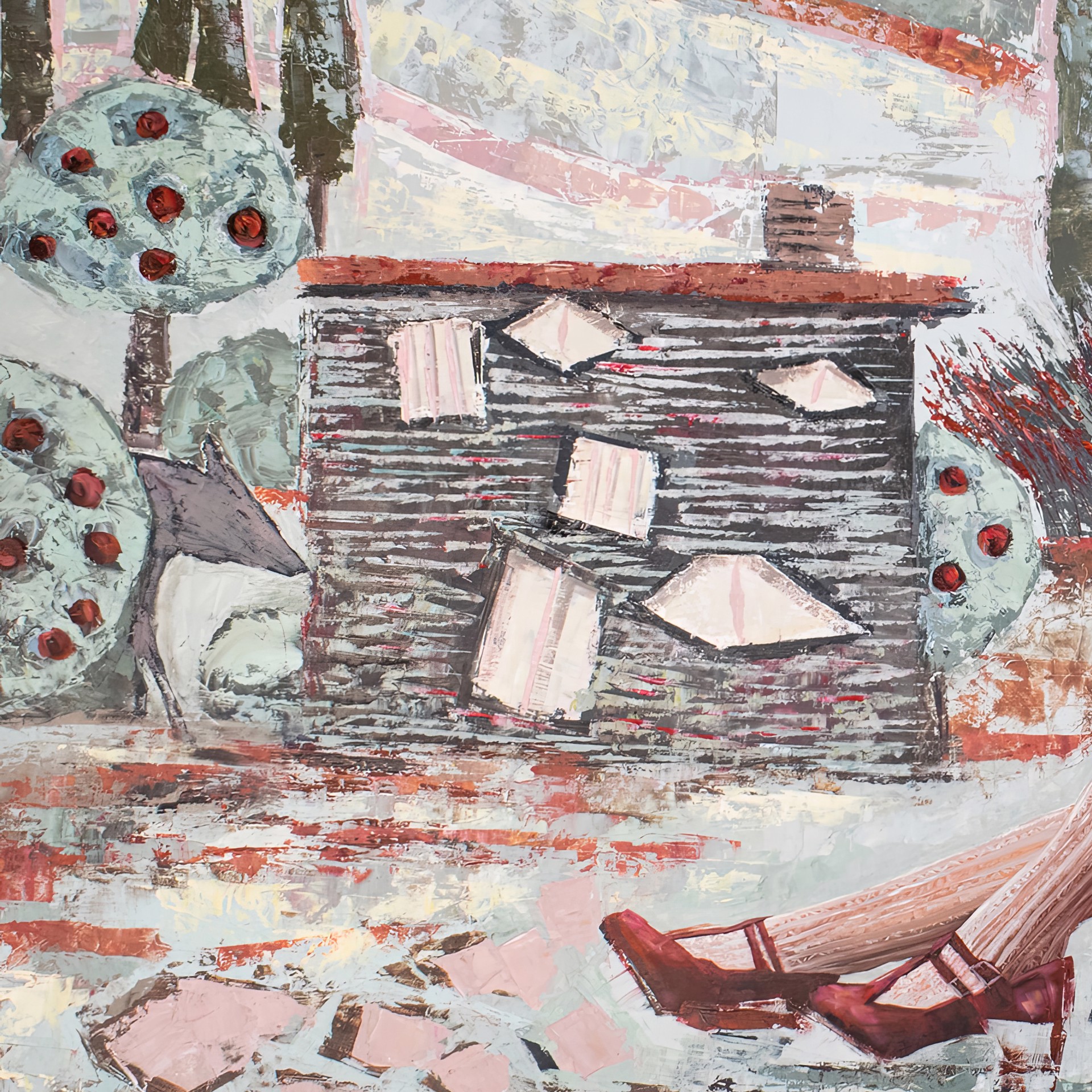 A figure in a red hooded cloak sits by a tree under a full moon, surrounded by a surreal landscape of abstract houses and floating spheres.