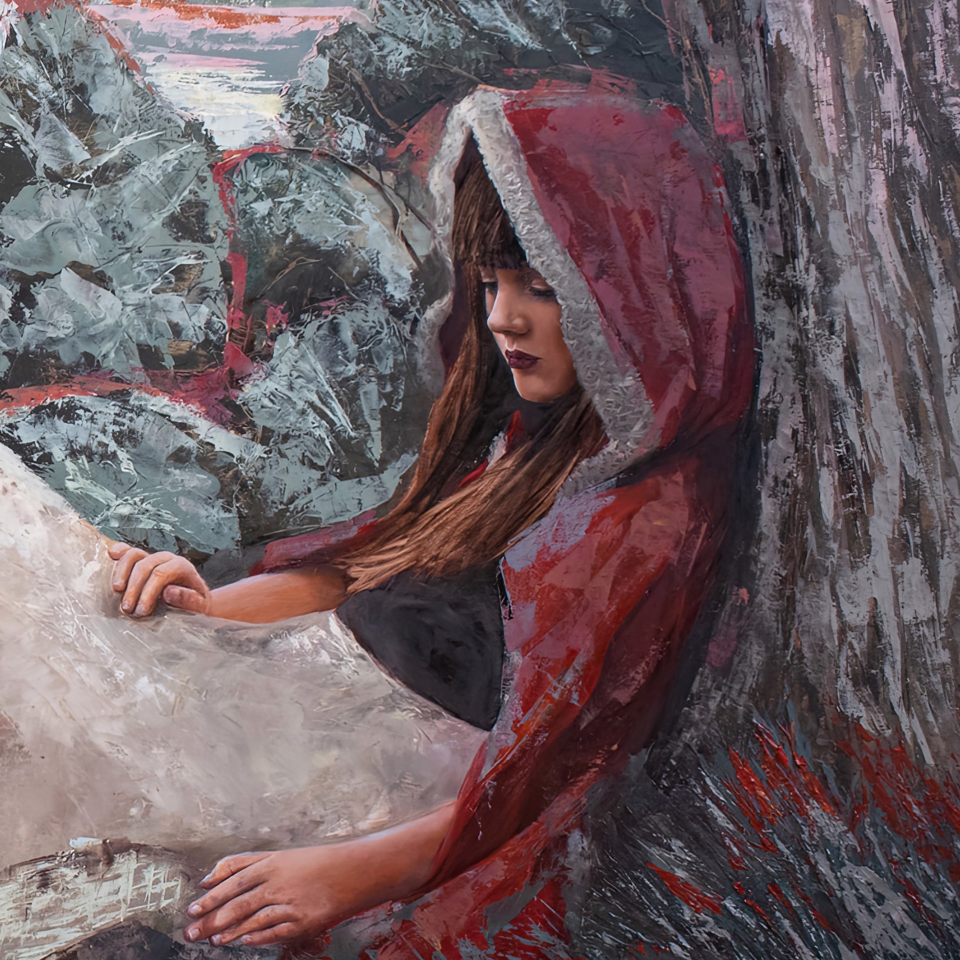 A figure in a red hooded cloak sits by a tree under a full moon, surrounded by a surreal landscape of abstract houses and floating spheres.