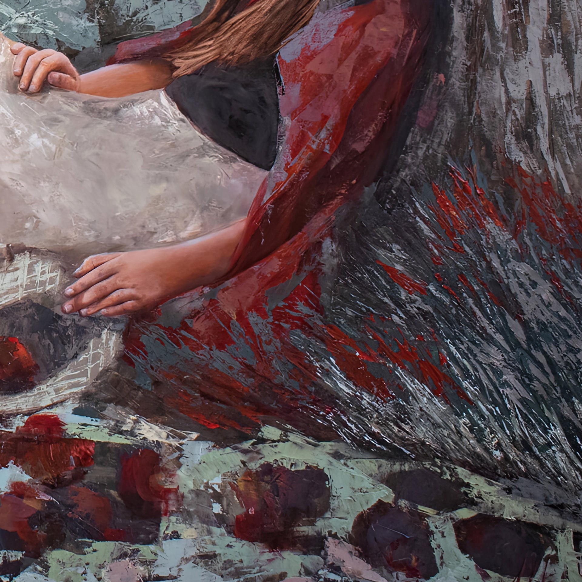 A figure in a red hooded cloak sits by a tree under a full moon, surrounded by a surreal landscape of abstract houses and floating spheres.