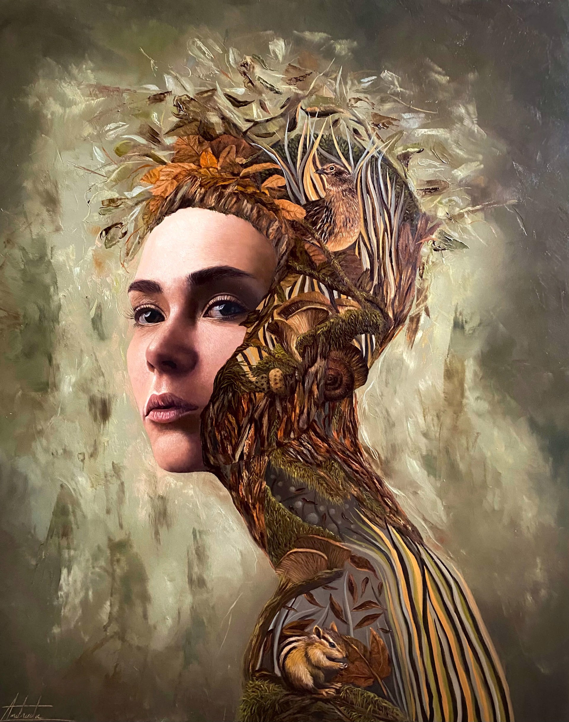 A portrait of a figure whose hair and neck are composed of organic textures like leaves, twigs, and bark.