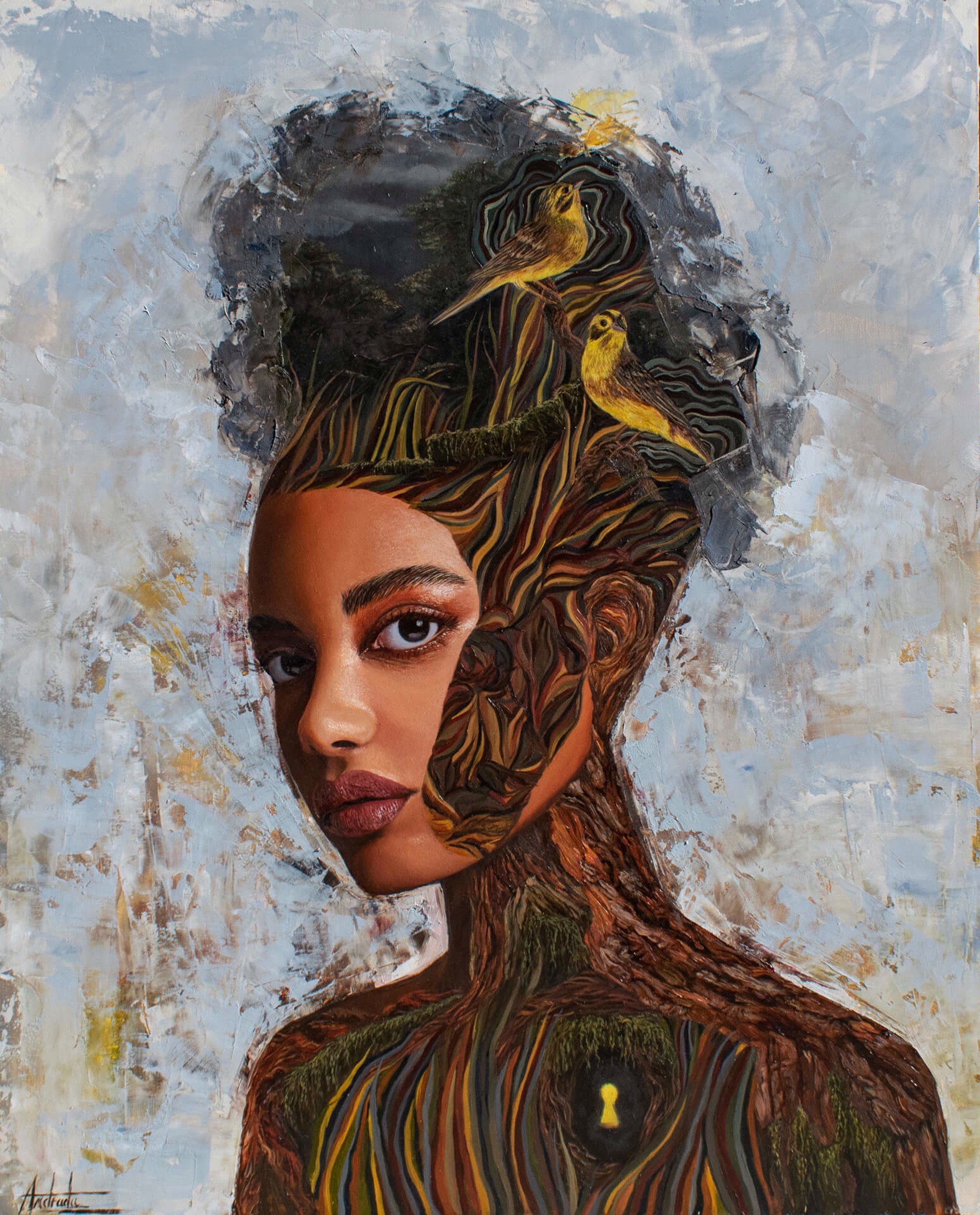 A portrait of a figure whose hair and neck transform into organic, tree-like textures with birds perched on top.