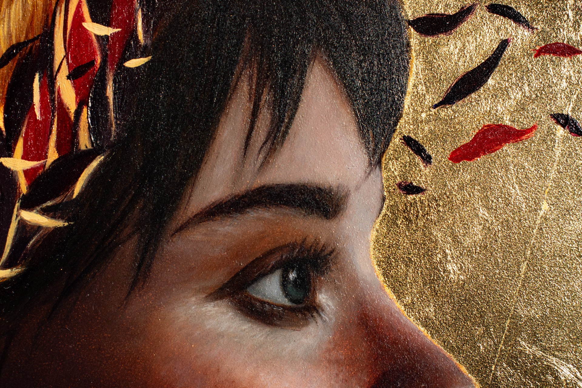 A painting of a woman with feathers on her head.