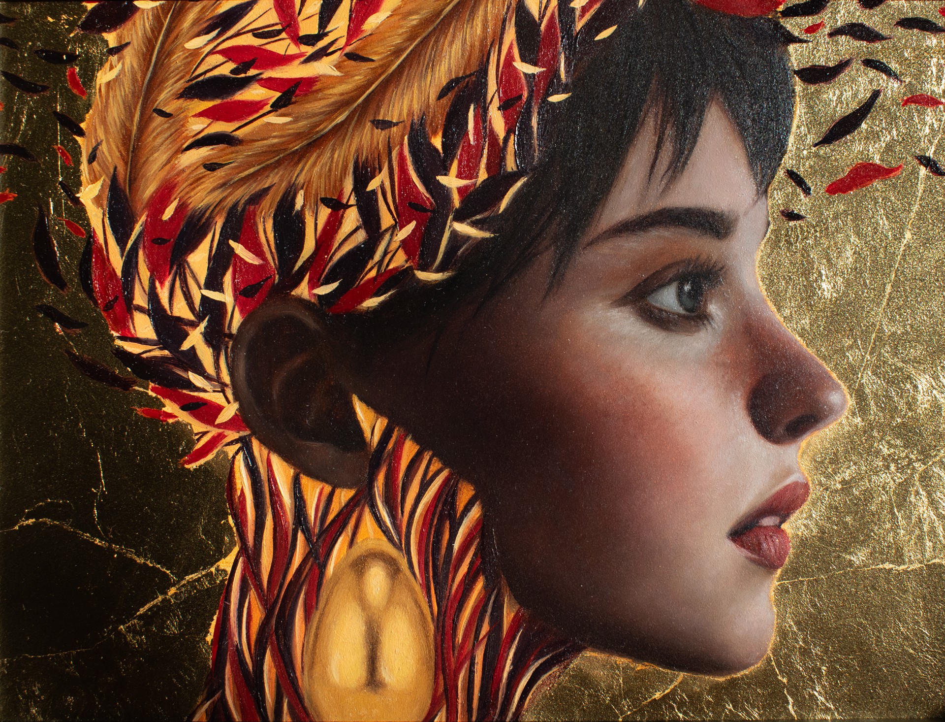 A painting of a woman with feathers on her head.