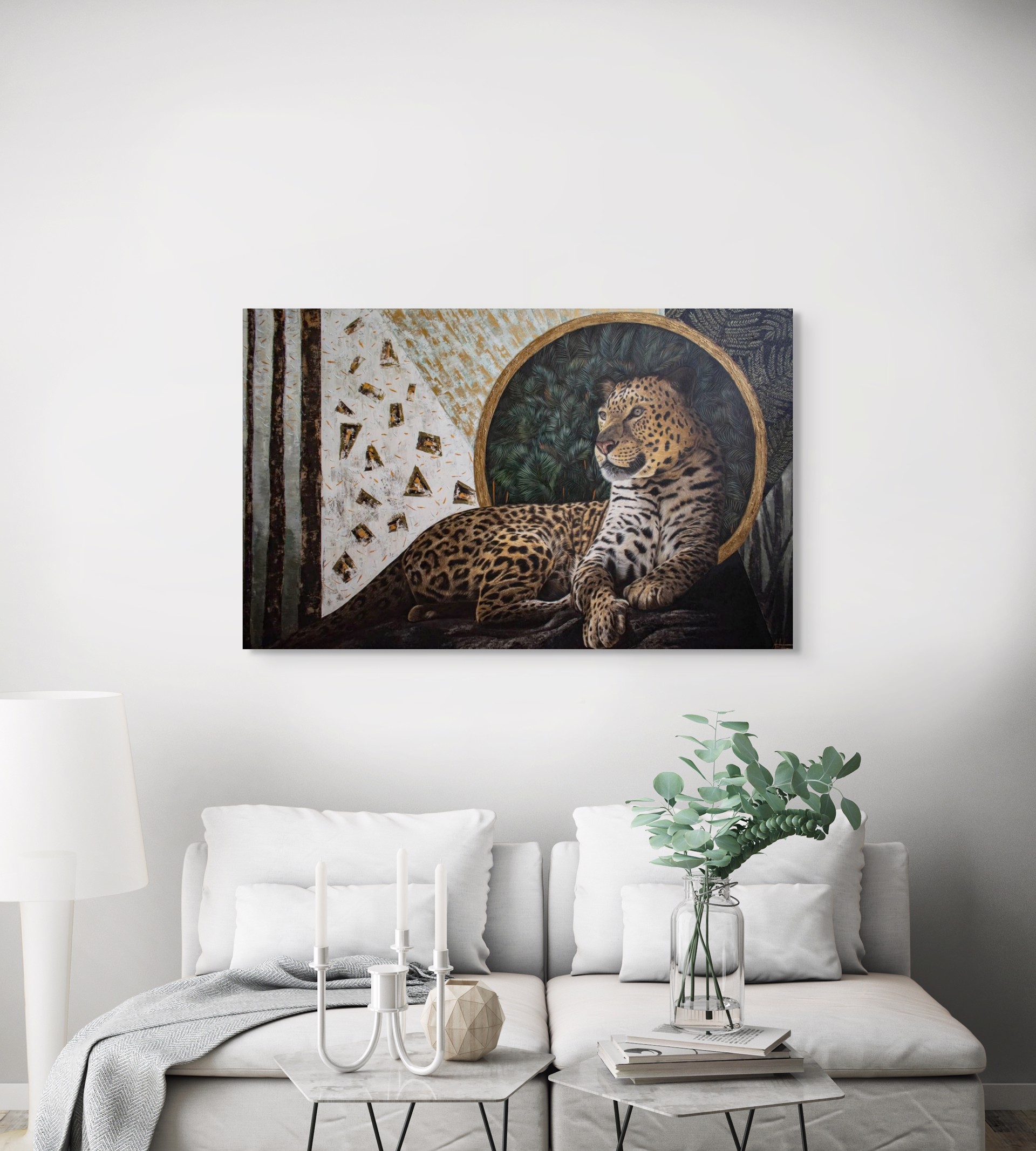 A painting of a leopard laying on a rock in front of a mirror.