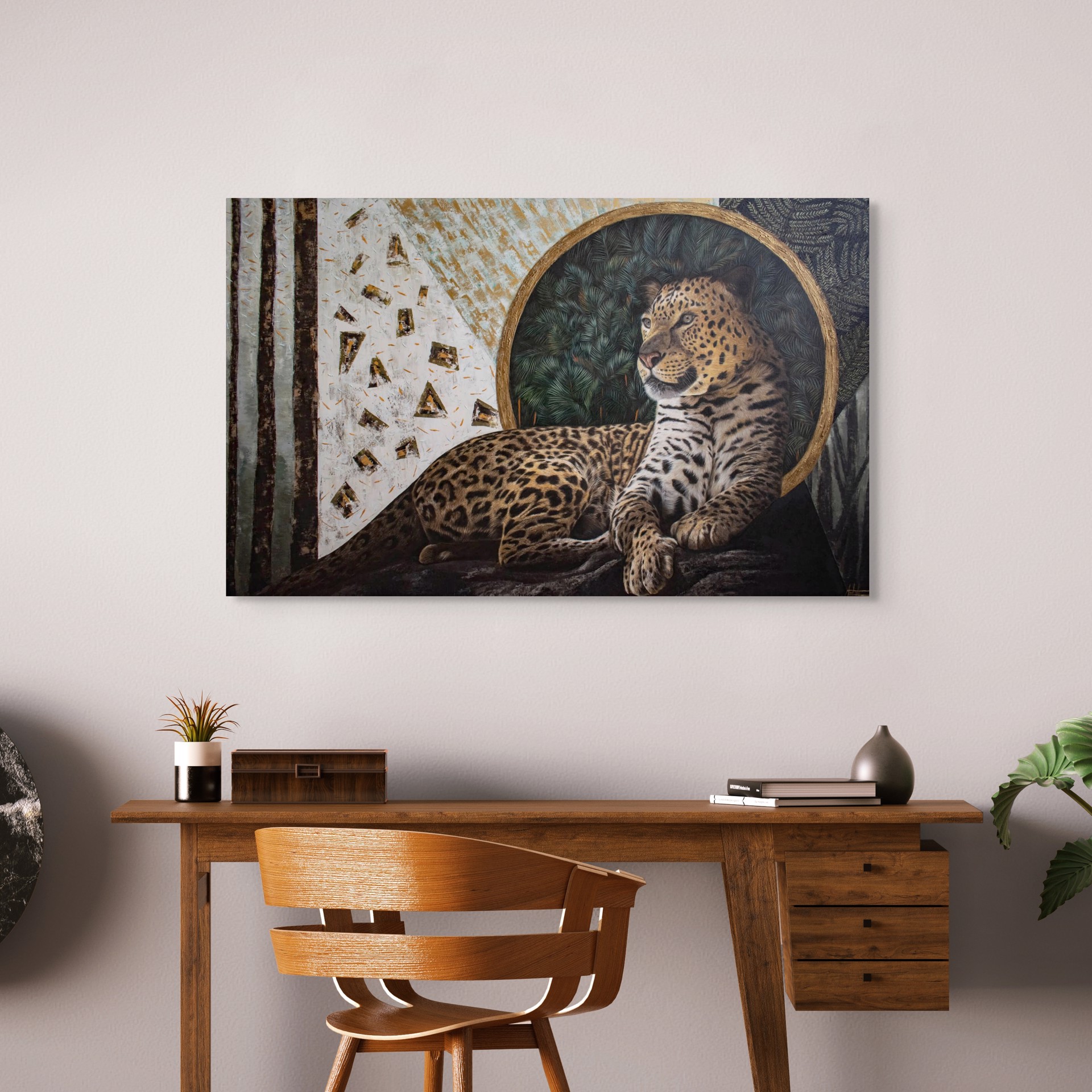 A painting of a leopard laying on a rock in front of a mirror.